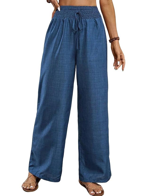 Womens Teacher Outfits Casual Pants Trendy Flowy Wide Leg Pull On Elastic Waist Long Beach Lounge