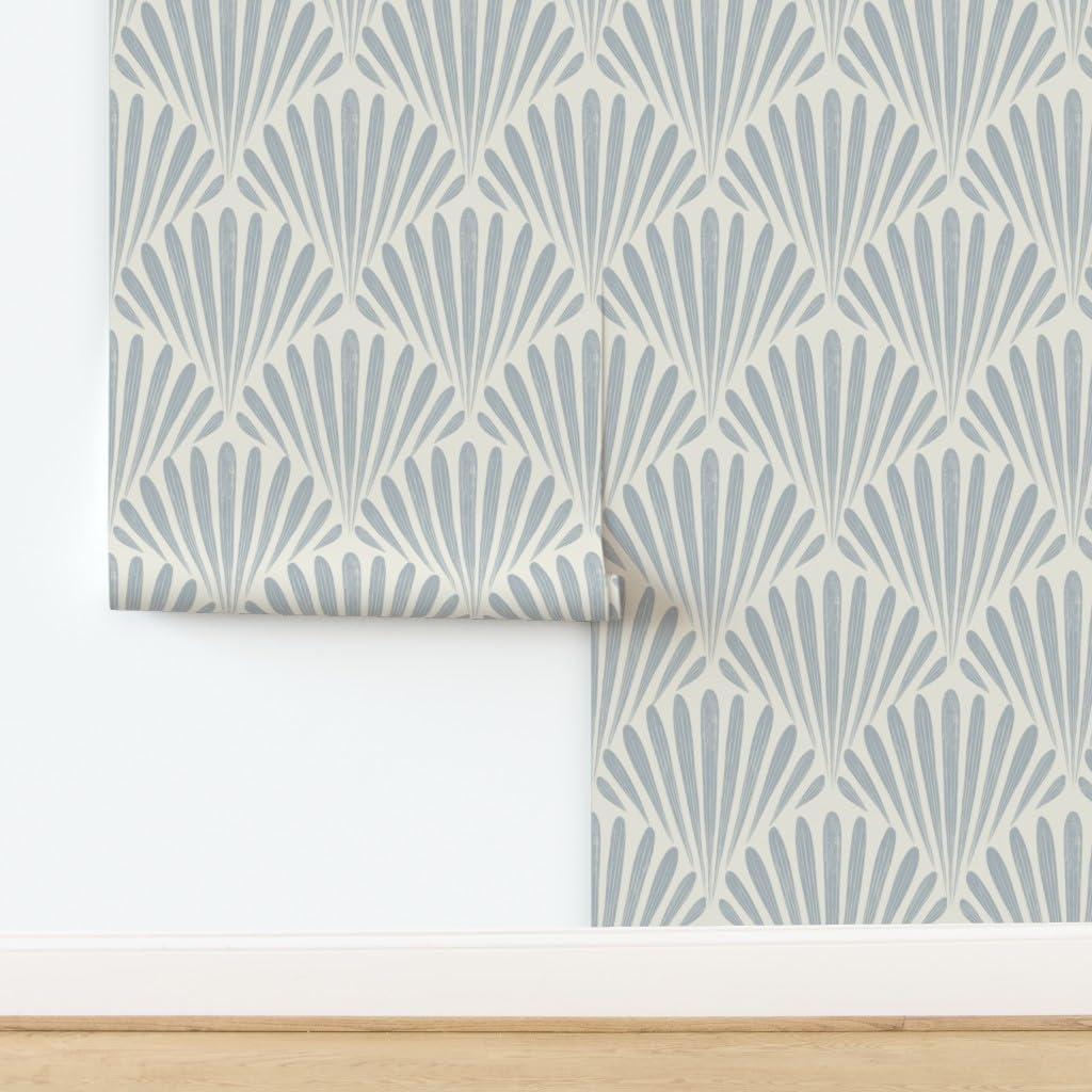 Peel & Stick Wallpaper Swatch - Seashell Fans,Scallop Fans,Coastal Nautical,French Blue,Cream Beige,Seashells,Neutral Custom Removable Wallpaper by Spoonflower