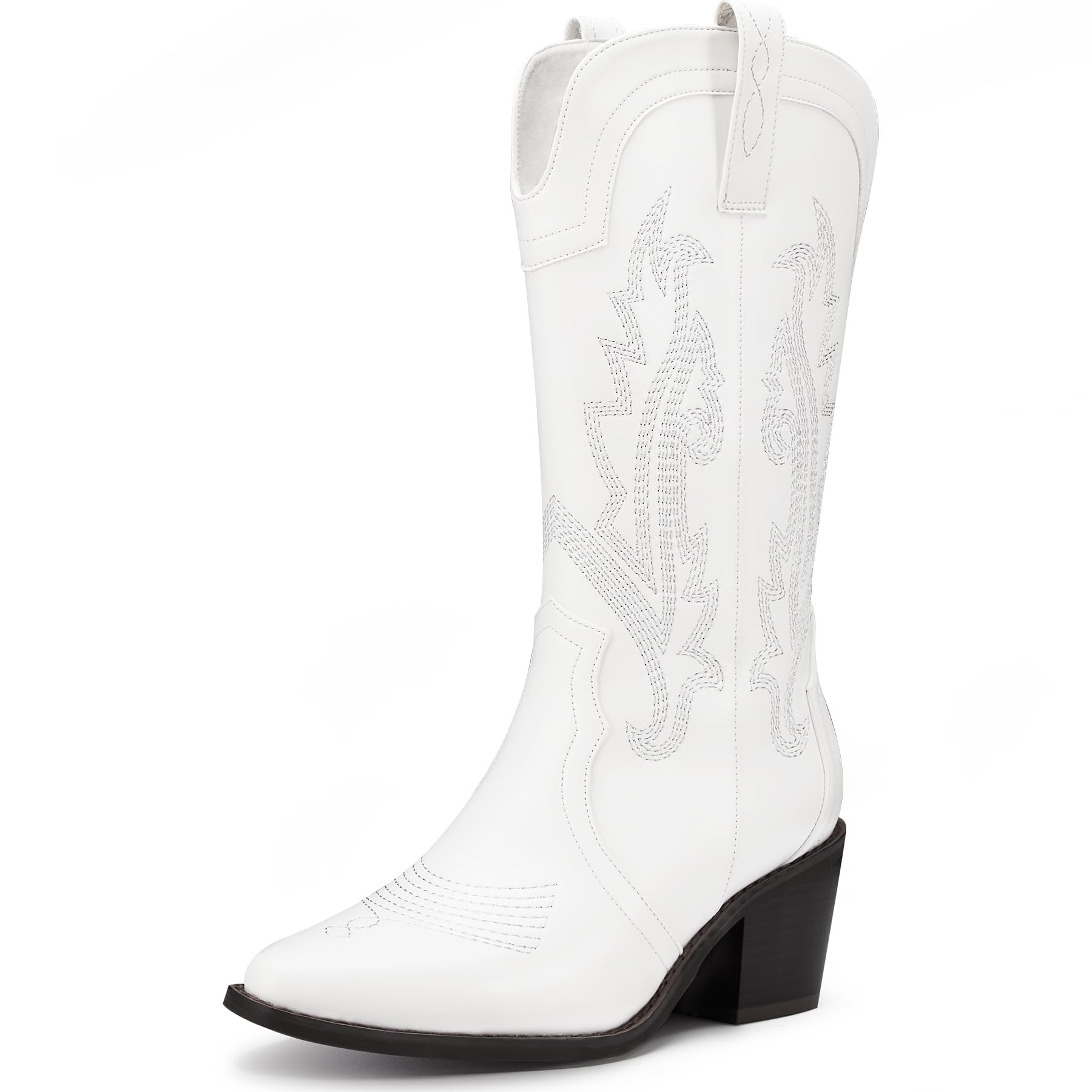 Solestique Women's Cowboy Boots Pointed Toe Western Boots Embroidered Mid-Calf Chunky Block Heel Cowgirl Boots