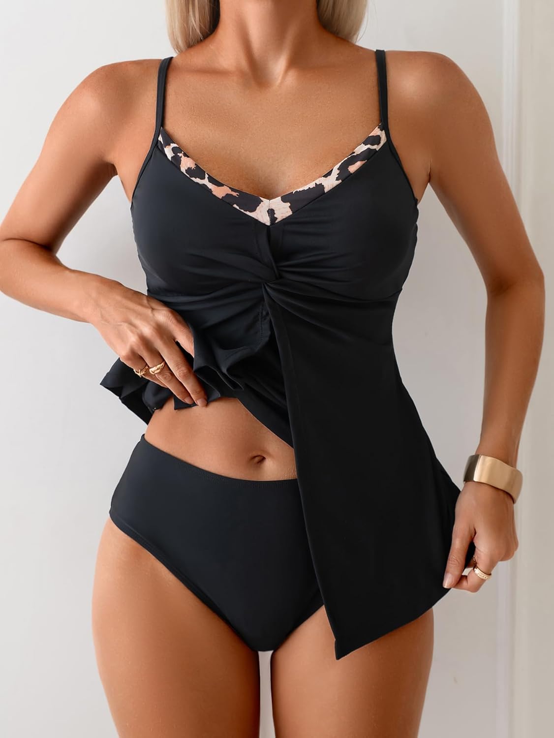 Tankini Swimsuits for Women Tummy Control Twist Front V Neck Bathing Suits Two Piece Flowy Swimwear with Shorts - Image 3