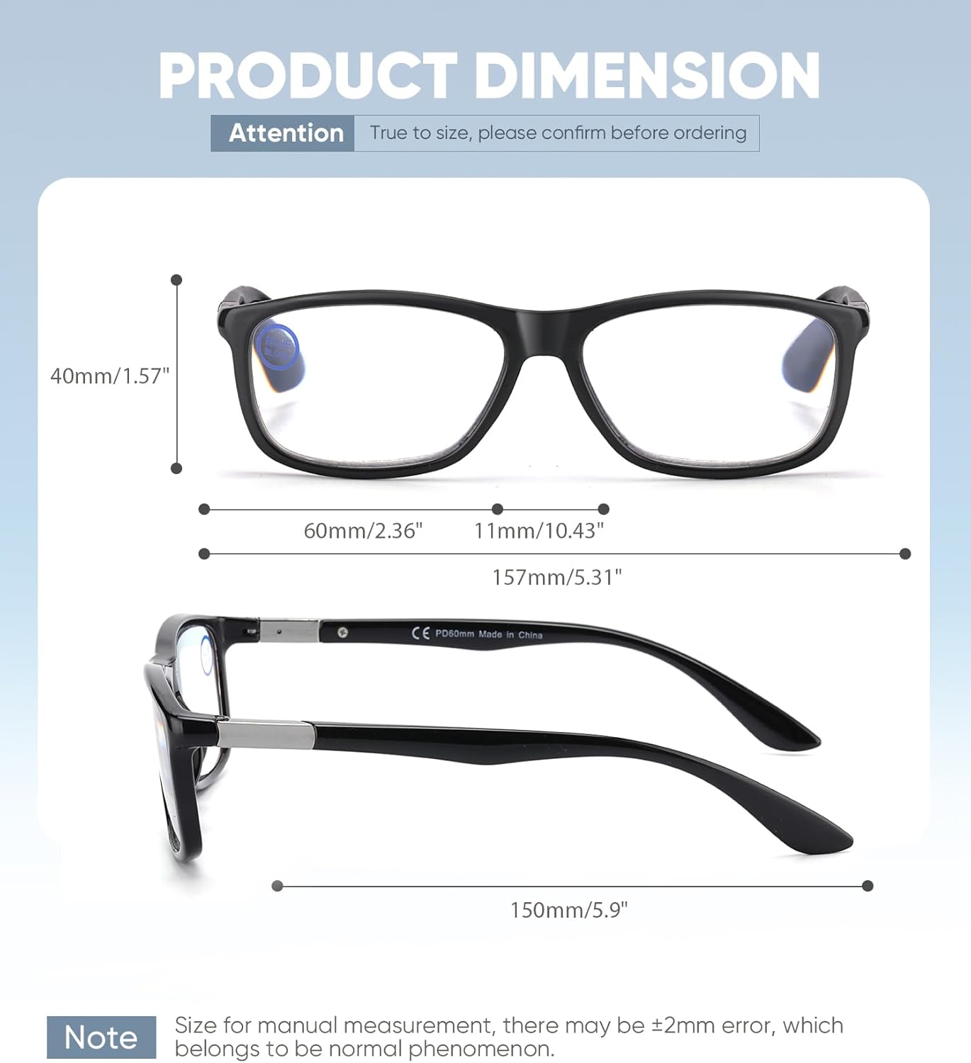 Missfive 2 Pack Blue Light Blocking Reading Glasses, Premium Black Frame Readers for Women/Men, Stylish Rectangular Eyewear with Updated Spring Hinge, 1.5x Single Vision / 2 Black 1.5 x image 6 of 6 B0DSPMQW78