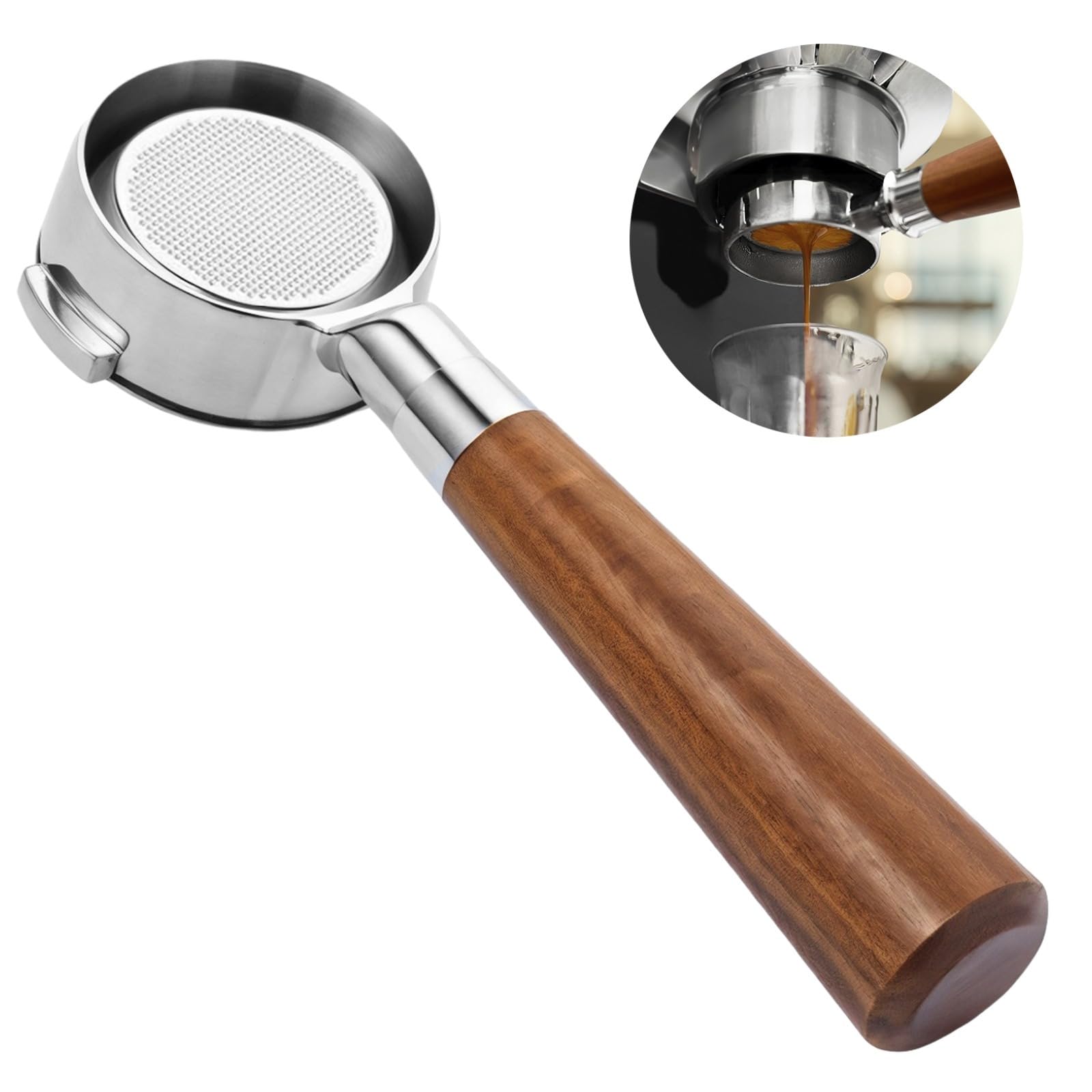 Portafiltro sin fondo de 2.3 pulgadas para grupo E61, cesta de acero inoxidable con mango ergonómico de madera, compatible con Flair 58, ECM, Rocket, Sanremo, Synesso, Slayer, VBM, WEGA, Milesto