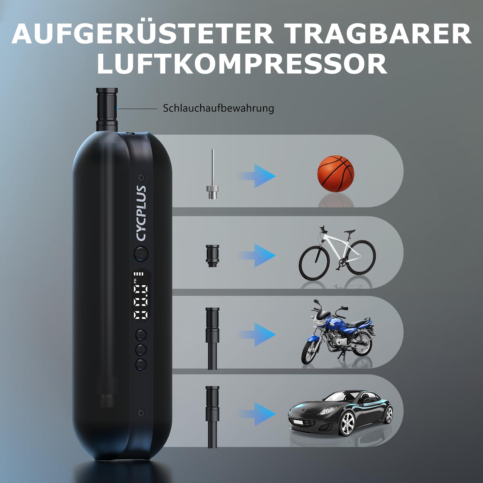 CYCPLUS Luftpumpe 150PSI Elektrischer Kompressor Tragbar Fahrradpumpe Mini Reifenpumpe mit Digital LED Anzeige LED Licht Wiederaufladbarer Li-ionen für alle Fahrräder Motorräder und Autos