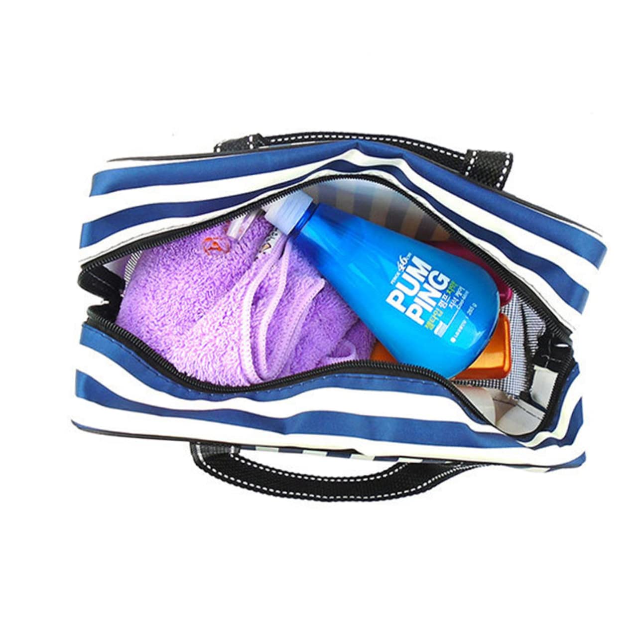 Mipcase 2pezzi Borsa Da Bagno Strisce Blu e Bianche Borsa Cosmetica Portatile Con Capacità Per Accessori Da e Organizer Per Bagno Per Viaggi e Fitness