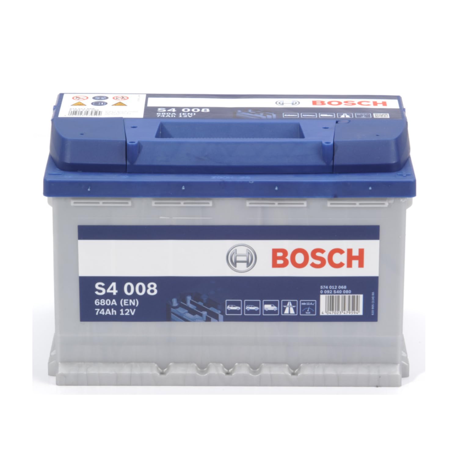 Bosch S4 008 Autobatterie 74 Ah - 680 A - 12 V, Blei-Säure-Batterie für Fahrzeuge ohne Start-Stopp-Automatik - Polarität: links - rechts +, 278 x 175 x 190 mm