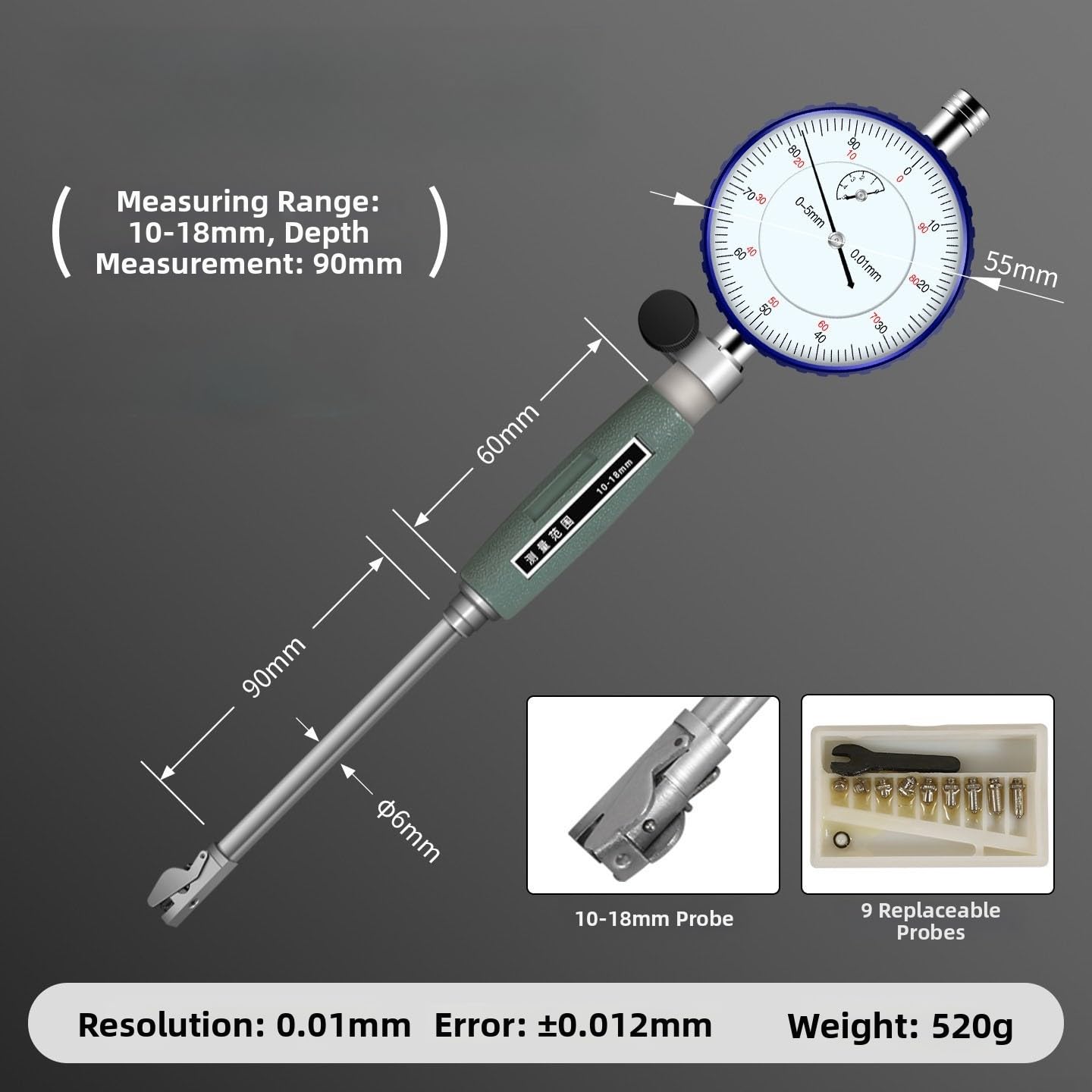 Indicador de dial de calibre de calibre de 10-450 mm, instrumento de medición de precisión, calibre de agujero cilíndrico, escala sensible para análisis de bloques de motor, kit de reparación de