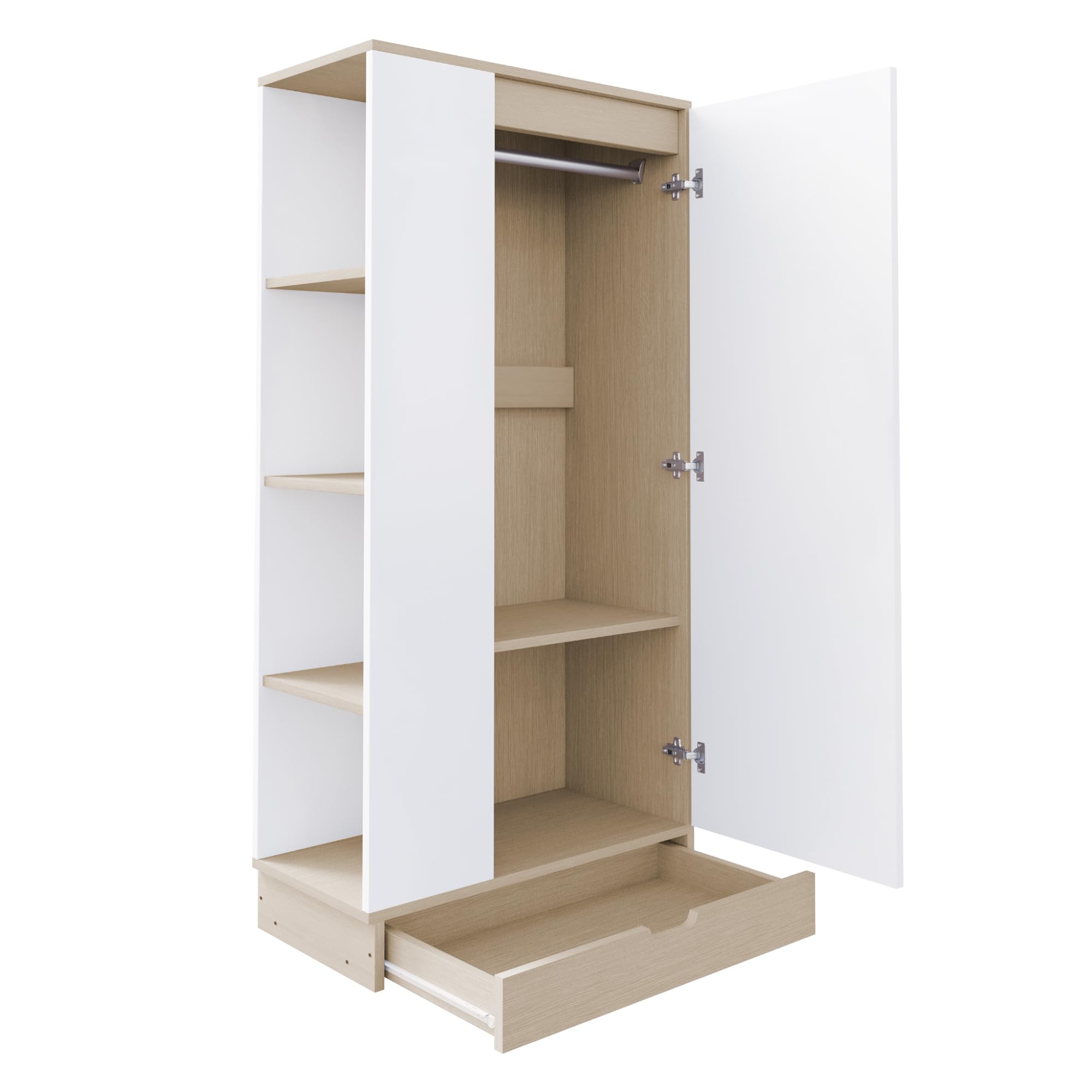 Armario de 70 x 40 x 170 cm, pequeño armario para habitación infantil, diseño de una puerta, armarios infantiles con estantes y cajones (blanco)