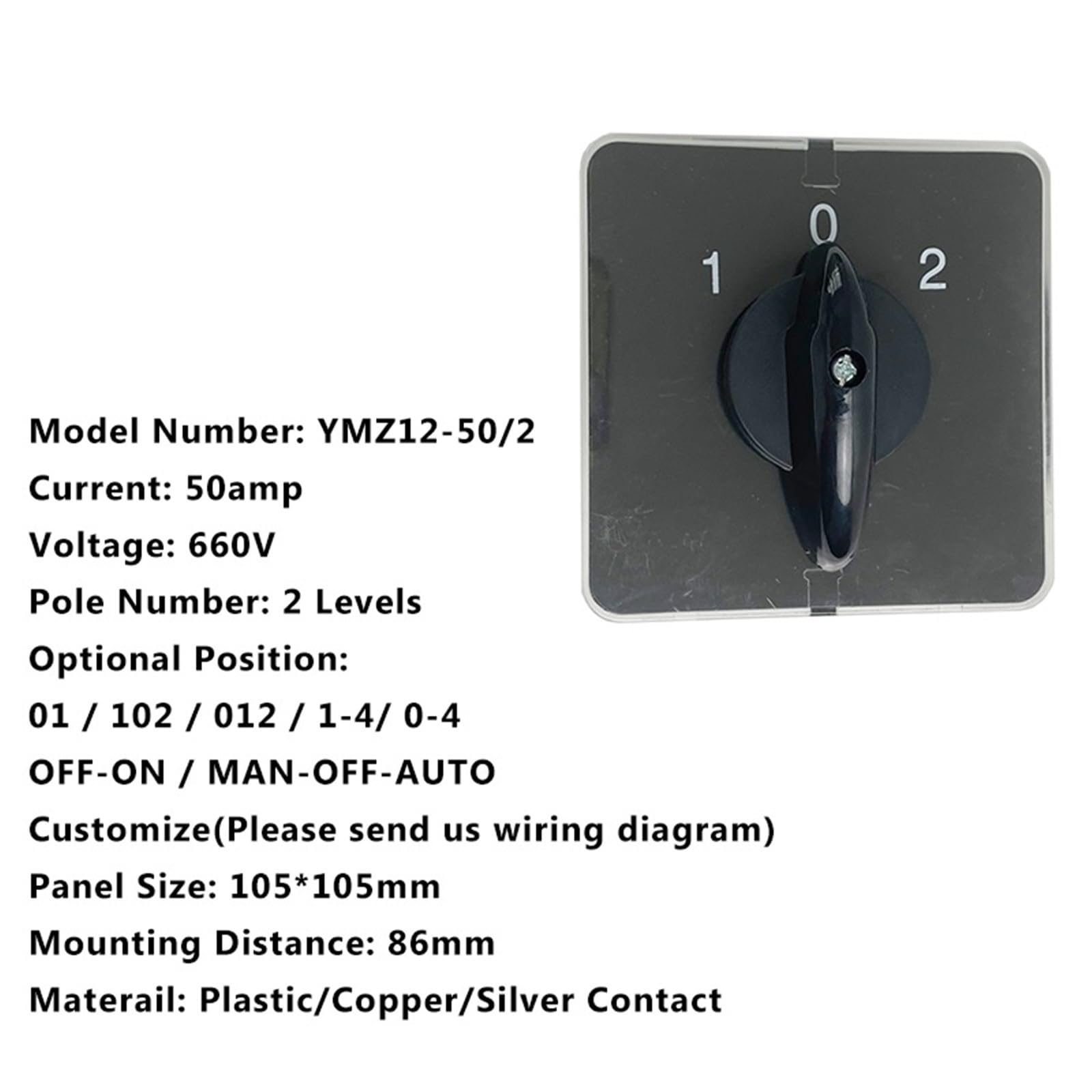 Interruptor de Leva rotatorio 8 terminales y 2 Polos 50 A, Interruptor selección Transferencia Universal, posición Opcional YMZ12-50/2(0-1)