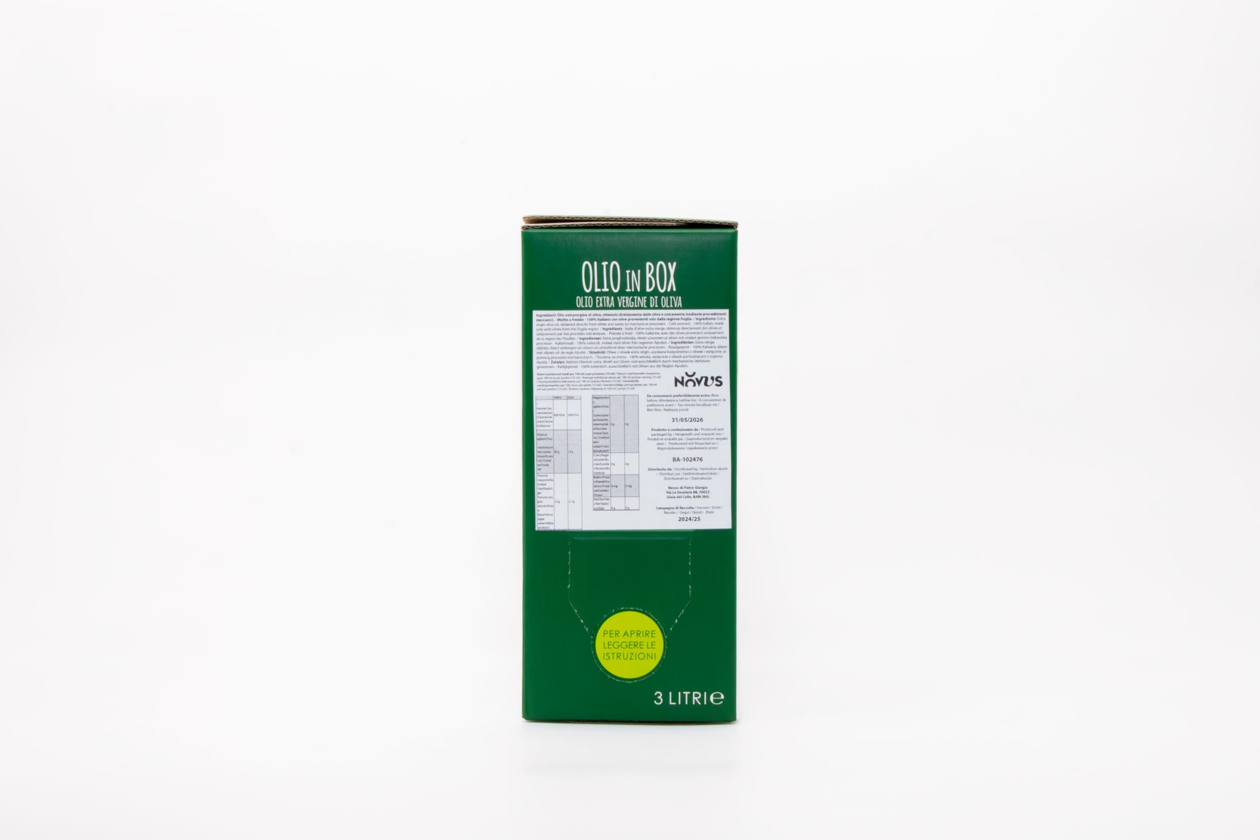 NovusPuglia – Oliwa z oliwek Extra Virgin 100% włoska – Bag-in-Box 3L – Tłoczona na zimno – Coratina & Ogliarola – Zbiory 2024/25