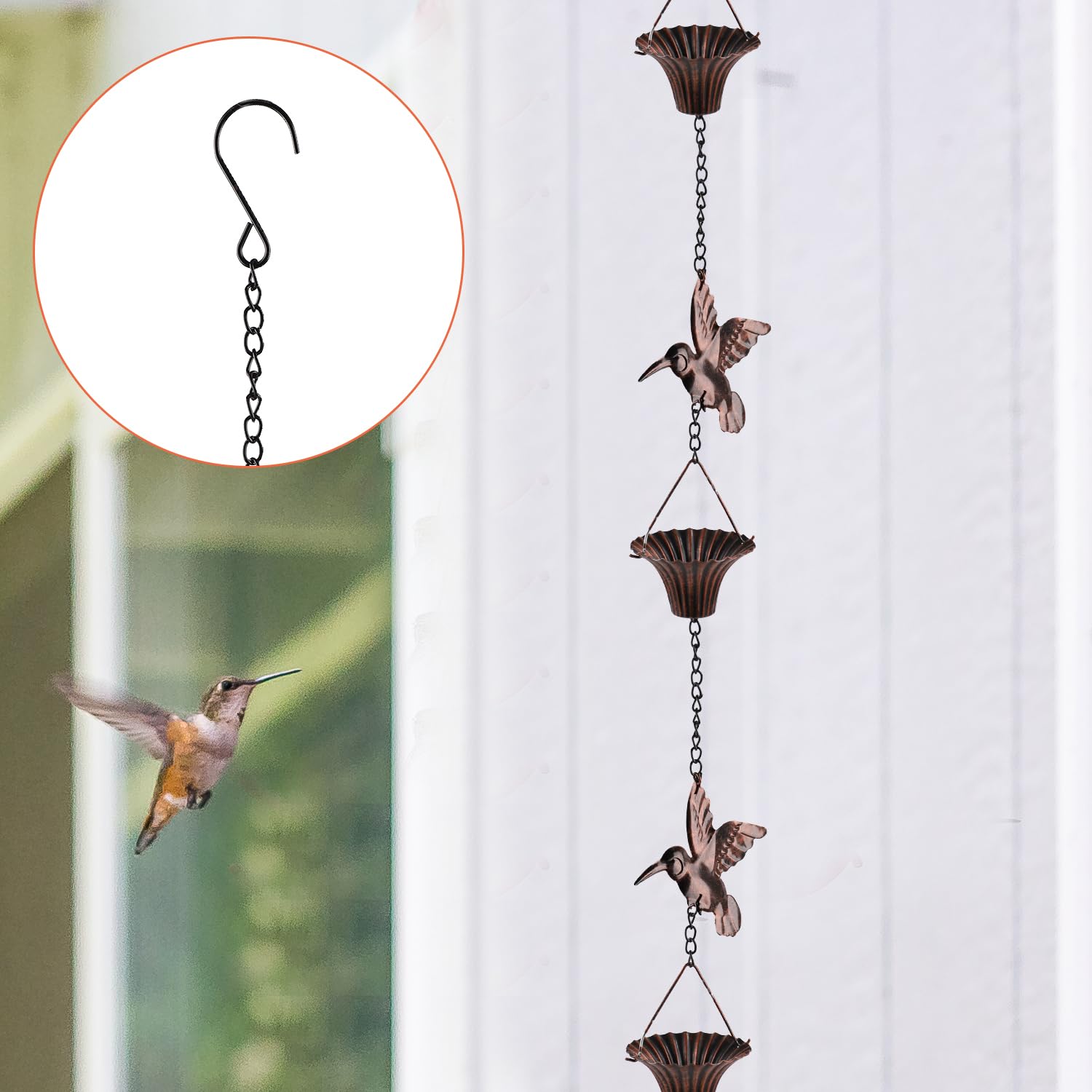 NQEUEPN Cadena Lluvia Pájaros, 2,6 m Cadena Lluvia Colibr Metal Cadena de Bajante Decorativa Campanilla Agua Lluvia CadenaCanalón Lluvia para Exteriores Decoración para Terrazas, Villas, Patios