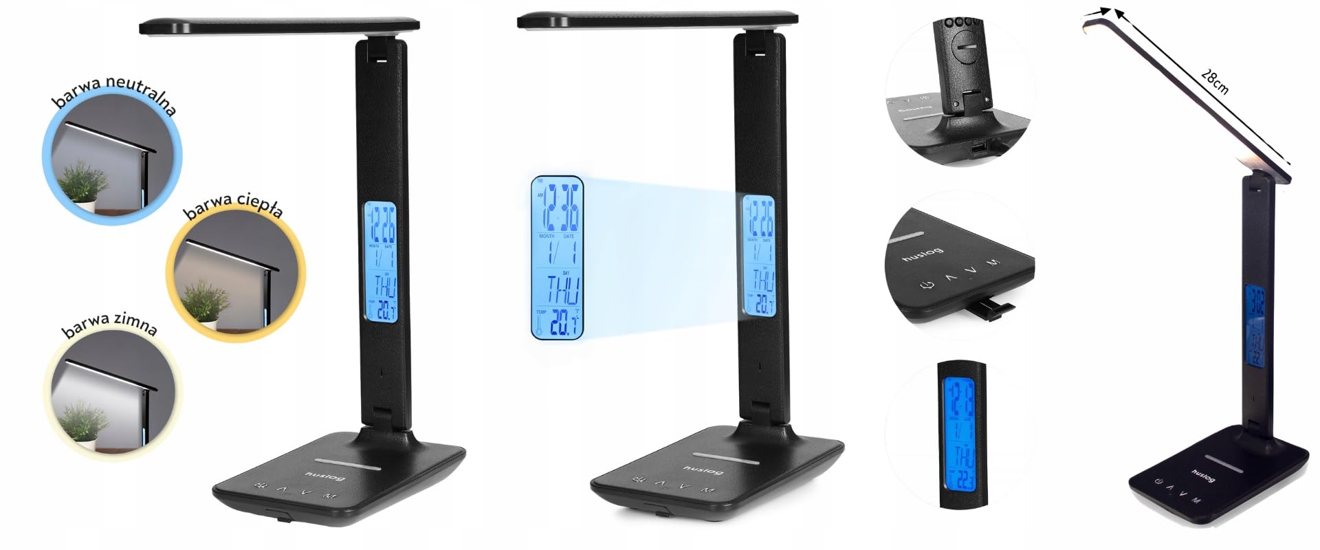 Lampka biurkowa, lampka nocna, lampka na stół kreślarski, zegar indukcyjna ładowarka LED Smart