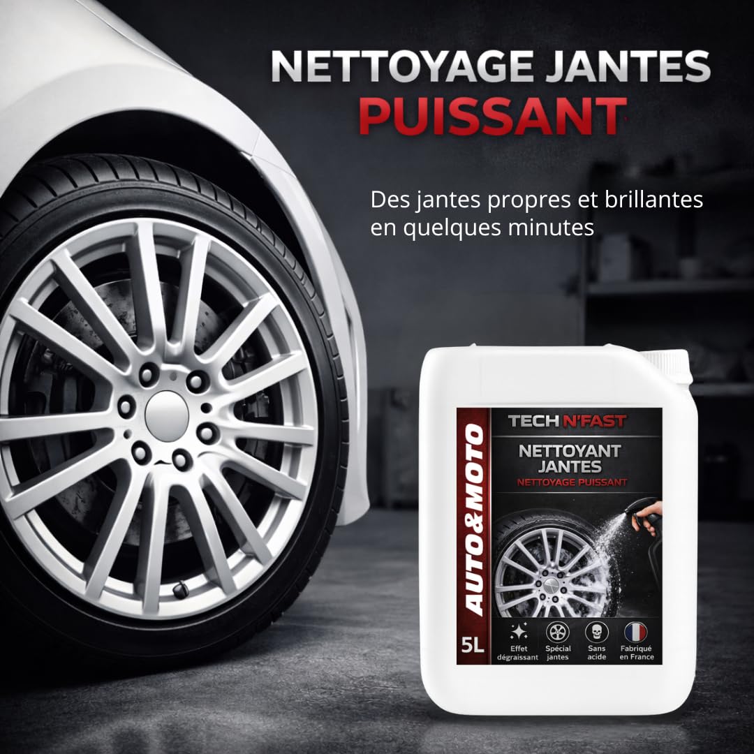Tech'N'Fast Nettoyant Jantes Voiture, Puissant Contre poussière de Freins et saletés, Formule sans Acide, Compatible Jantes Aluminium, Acier et chromées - 5L