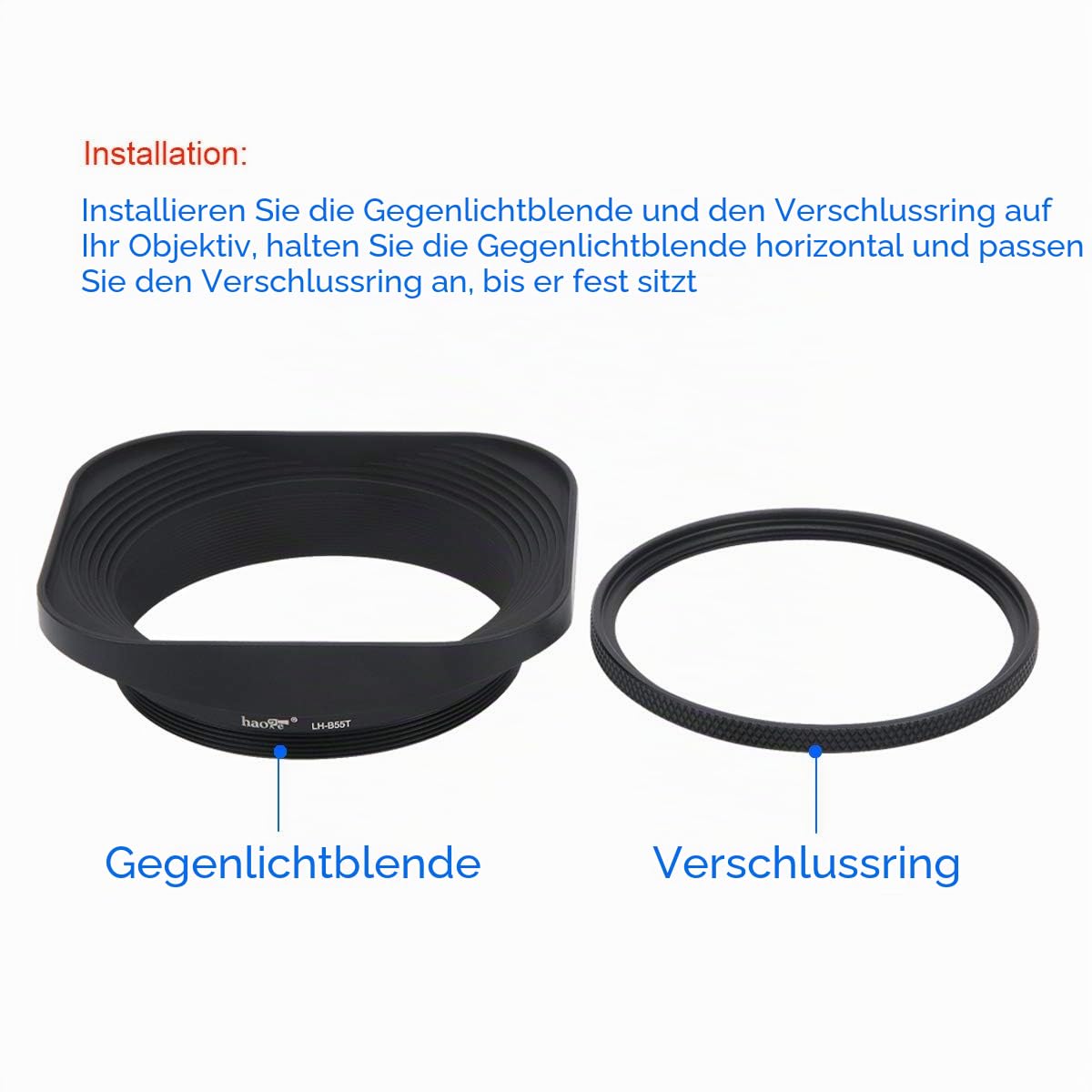 Haoge LH-B55T 55mm Metall Rechteckig Einschrauben Sonnenblende Gegenlichtblende mit Kappe für 55mm Canon Nikon Leica Leitz Zeiss Voigtländer Fujifilm Kamera Objektiv mit 55mm Filtergewinde Schwarz