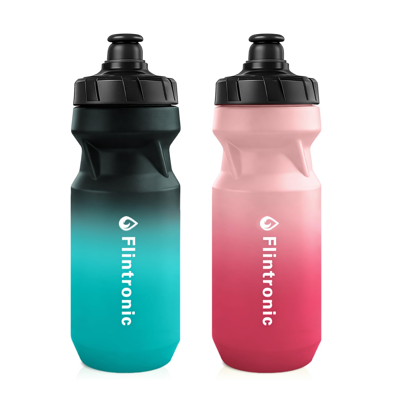 flintronic 2PCS Sports Water Bottle, 650ml Squeeze Water Bottle, BPA Free, Leakproof Cycling Bottles for Running Cycling Hiking and Outdoor(Gradient Pink/Black Blue)