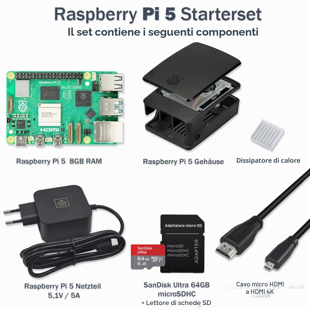 Raspberry Pi 5 8 GB Starter Kit nero | Alimentatore USB-C 45 W | Alloggiamento con ventola | Scheda SD Ultra 64 GB | Cavo Micro HDMI 4K | Dissipatore di calore | Raspberry Pi 5 8 GB RAM