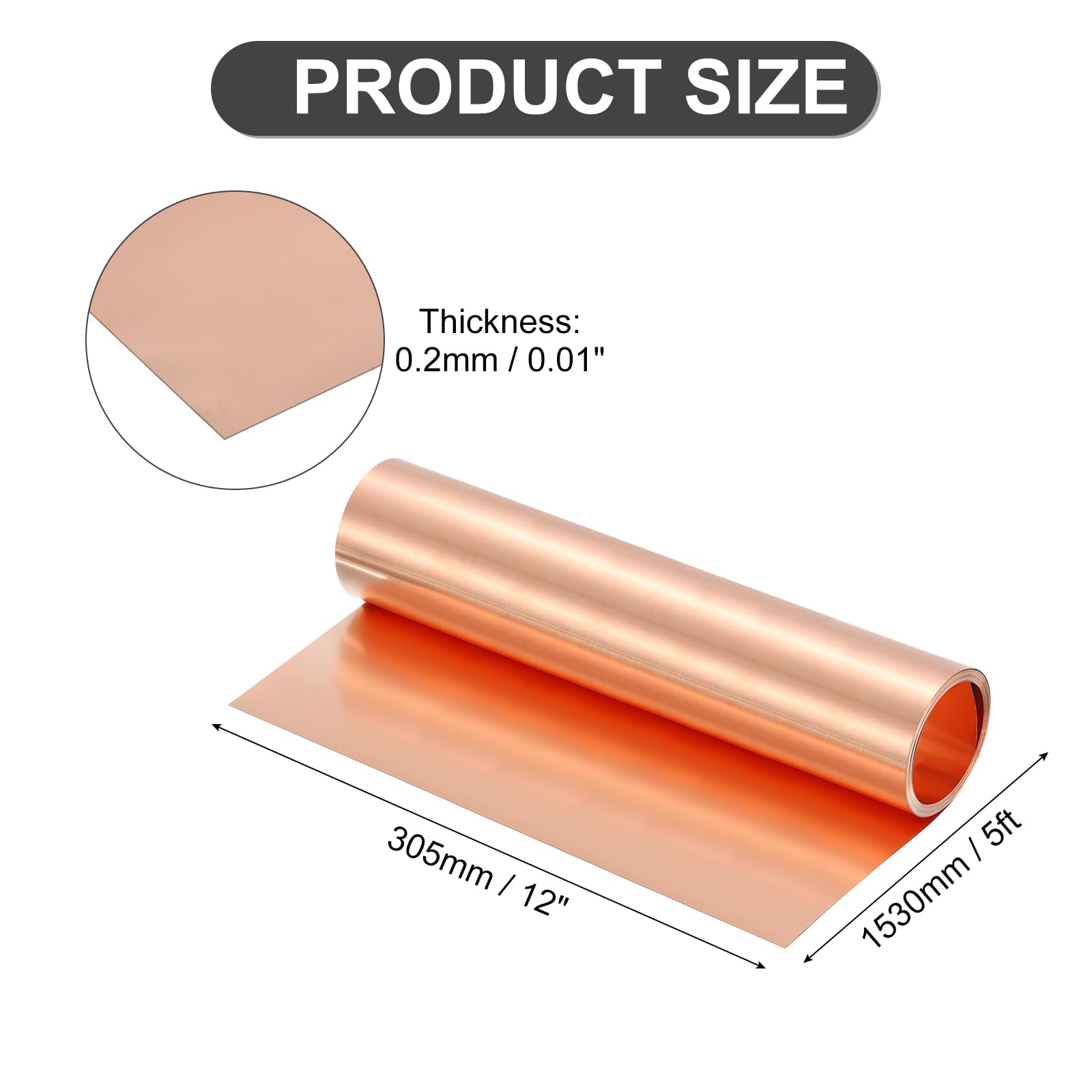 QUARKZMAN Rotolo Di Lamiera Di Rame Puro, Spessore 0.2mm 24Ga Rame T2 1530mm x 305mm/5Ft x 12in Nastro Di Rame Morbido Lamierino Di Rame Per Artigianato Riparazioni Elettriche e Edili
