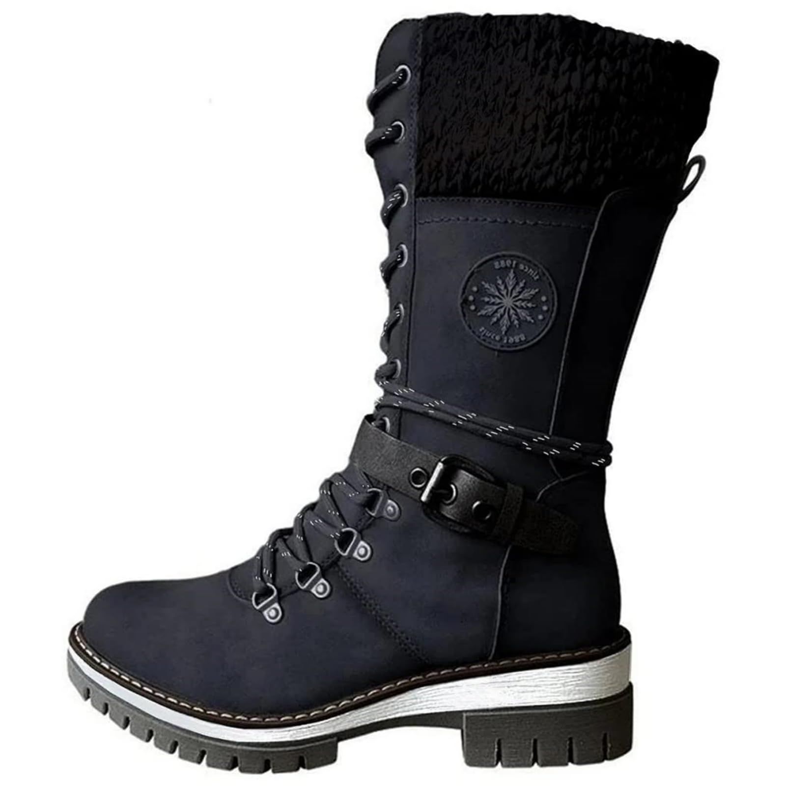 Snow Boots for Women Mid-Calf Knitted Suede Splicing Lace-up Non-Slip Waterproof Outdoor Casual Booties Winter Fashion Warm Round