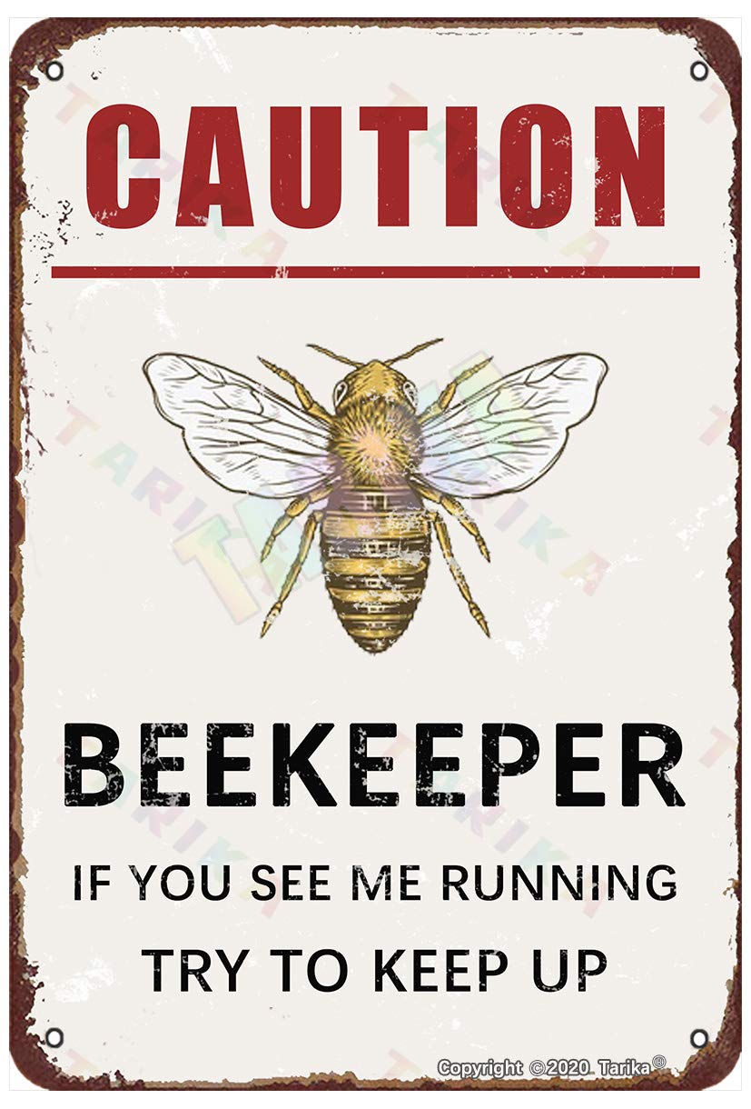 Tarika Red Caution Beware Beekeeper For Home,Farmhouse,Club,Garden Metal Vintage Tin Sign Wall Decoration 12X8 Inches