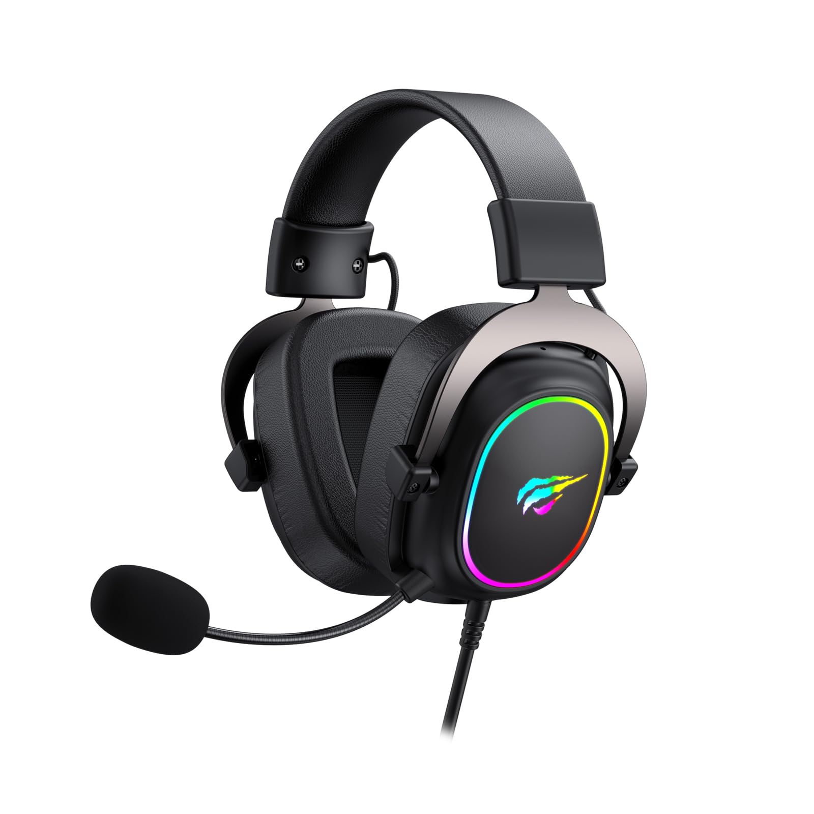 Havit H2002p RGB Gaming Headset mit Mikrofon – 50 mm Treiber – 7.1 Kopfhörer mit Kabel Surround Sound – Memory Foam Ohrpolster, Verstellbarer Kopfbügel - 2 m Spiralkabel (Schwarz, Ocker)