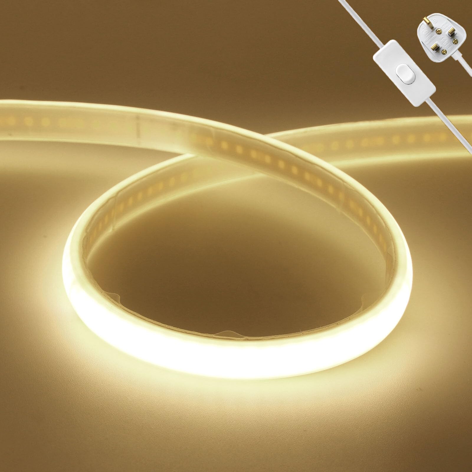 KAFULA 220V COB LED Neon Light Strip with On/Off, IP65 Waterproof Flexible, 36M Super Bright FCOB LED Fairy Light CRI90+, Can be Cut Every 10mm | 240 LEDs/m || 4000K Natural White | Home Decor