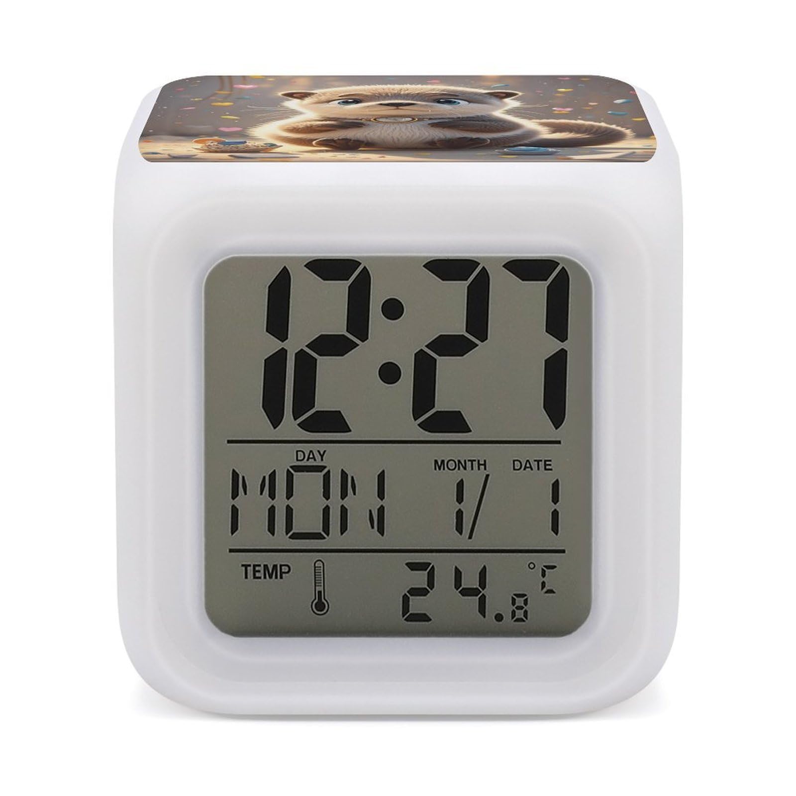 FekiLoot Cartoon Cute Otter Alarm Clock for Heavy Sleepers Small Digital Alarm Clock with Date Temperature Wake Up Digital Clocks with 7 Colors Changing Desk Clocks for Bedroom Bedside Nightstand