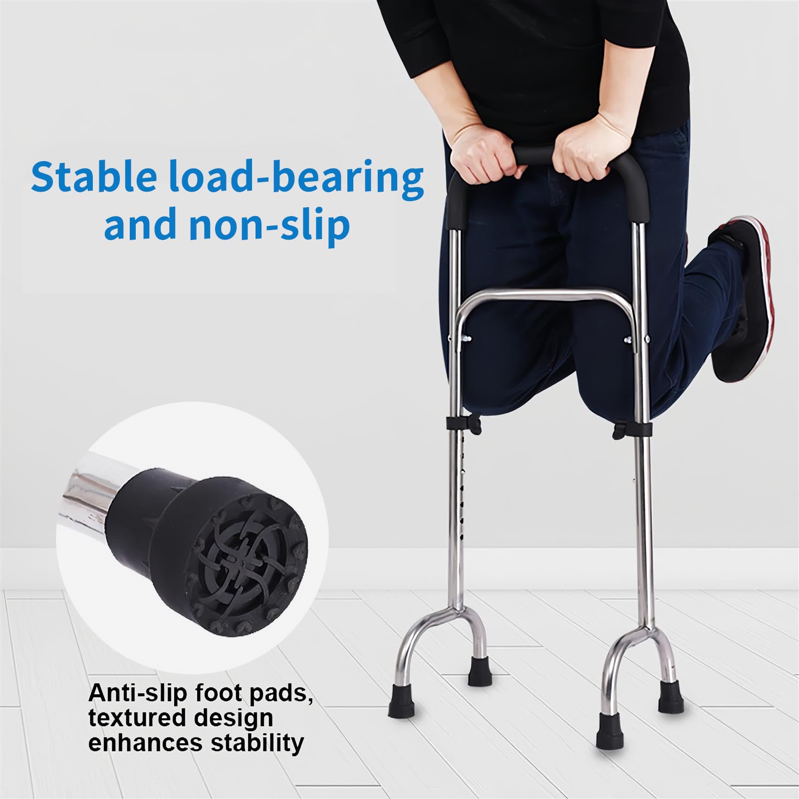Bastón ajustable de cuatro patas, soporte estable de cuatro patas, ayuda de movilidad de acero inoxidable ligero con agarre cómodo para personas mayores