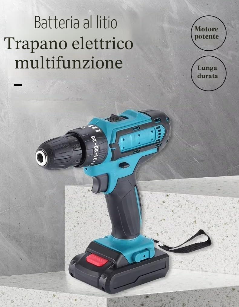 Trapano elettrico senza fili con 2 batterie da 21 V 1200 mAh, set di trapano elettrico da 38 Nm 32-in-1, trapano ad impulsi senza fili con 25 + 3 coppie di torsione, mandrino senza chiave da 1-10 mm