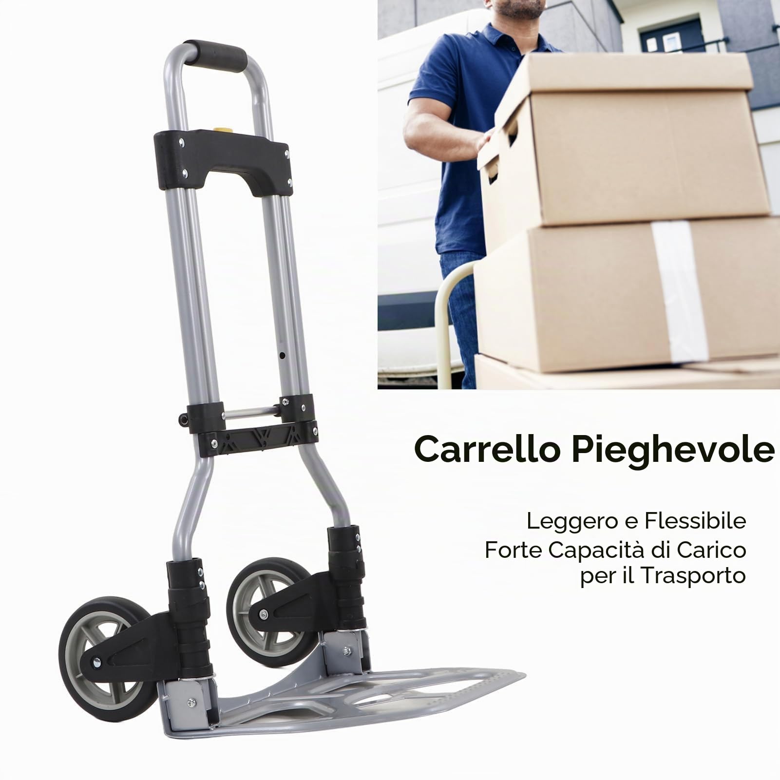 Carrello Pieghevole in Alluminio - Carrello Trasporto Manuale Con Piattaforma per Sacchi