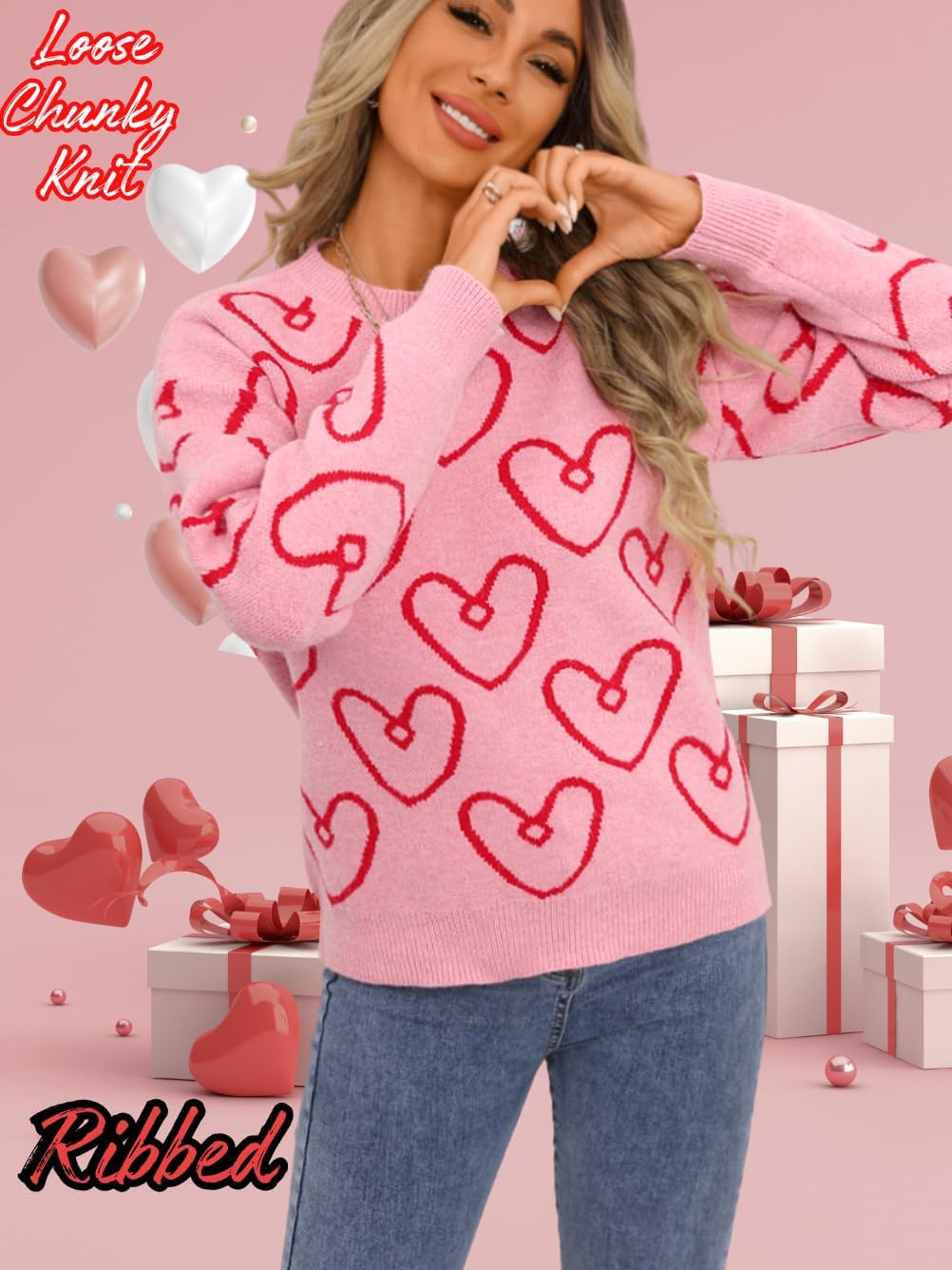 Kaei&Shi Women Cute Pink Heart Graphic Sweater,Crew Neck Valentines Sweatshirt,Regular Fit Top Spring Fall - Image 2