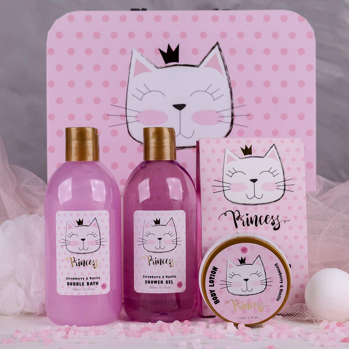 accentra zestaw do kąpieli i pod prysznic Princess Kitty dla kobiet i dziewcząt, o słodkim zapachu truskawki i wanilii, zestaw prezentowy pakowany w papierowe etui
