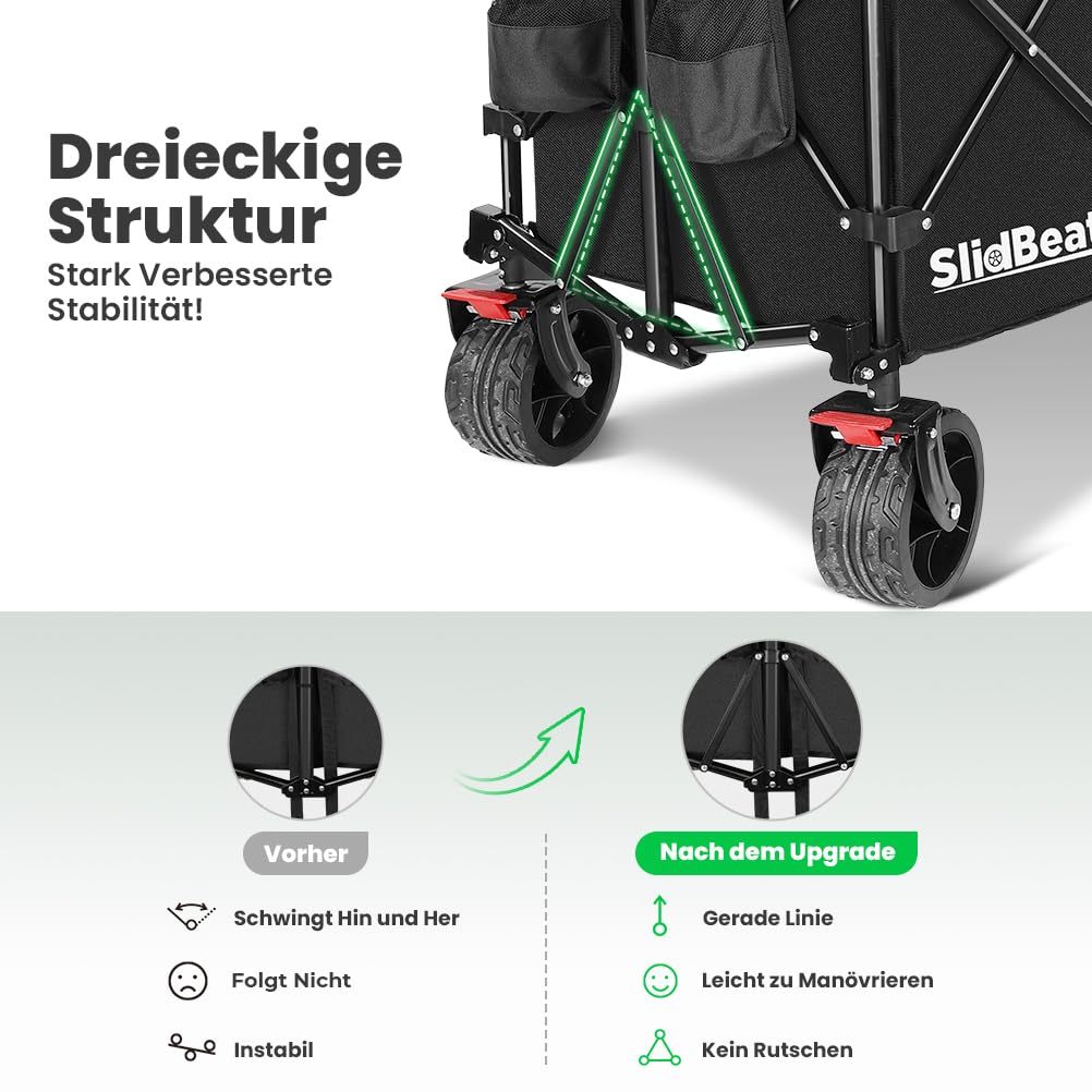 SLIDBEAT XXXL Bollerwagen Faltbar mit Bremsen, 300L 226KG Faltbollerwagen Große Räder, Getränkehalter Verstellbarem Griff Klappbar Bollerwagen Für Strand Garten Camping Shopping Transport Trolley