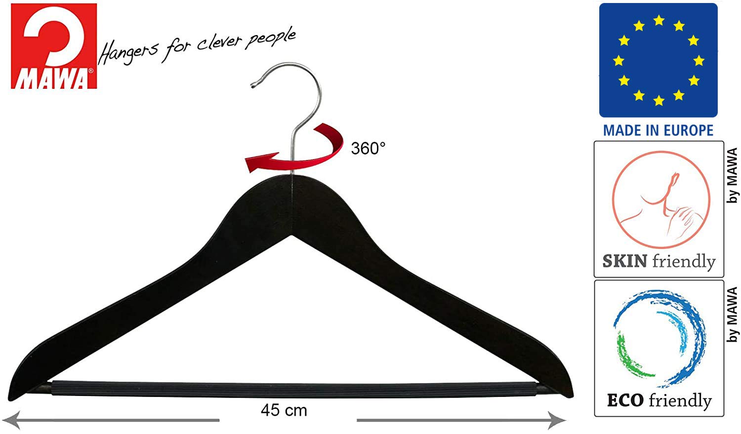 MAWA 10 Stück Anzugbügel Business RFS mit Steg, Hemden, Blusen, Jacketts, Umweltfreundlich, FSC® Zertifiziert, Buche, 360° Drehbar, 45 cm, Schwarz Lackiert
