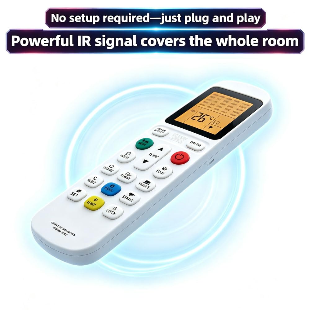 Telecomando di ricambio universale AC, telecomando per condizionatore d'aria con funzione di memoria di blocco bambini, controller IR a bassa potenza per casa, camera da letto, soggiorno, unità AC