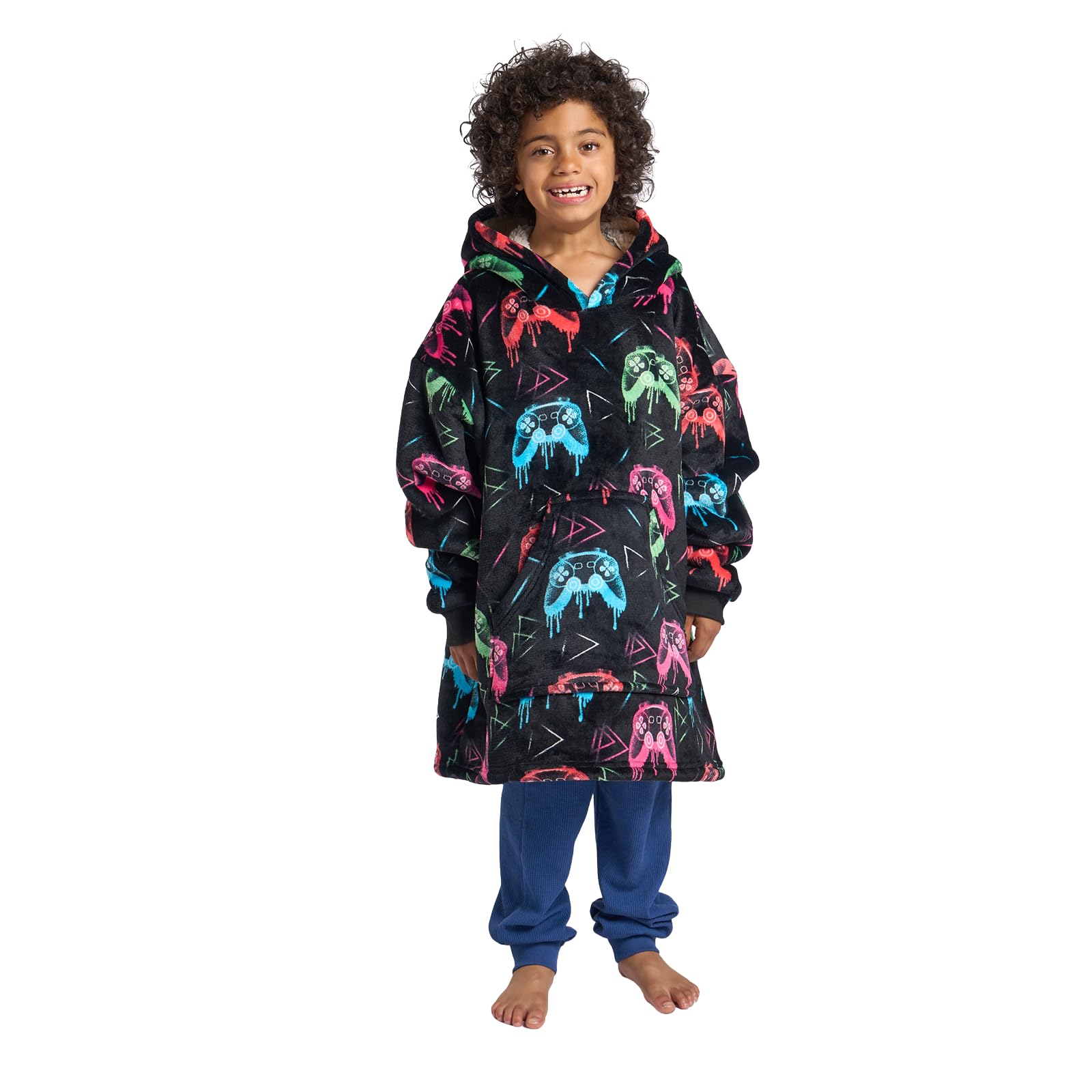 OHS Hoodie Blanket Kids Teenagers Boys Hooded Blanket Gaming Soft Warm Sherpa Fleece Wearable Blankets Oversized Hoodie Big Jumper Gaming Gift for Boys Girls, Black - One Size