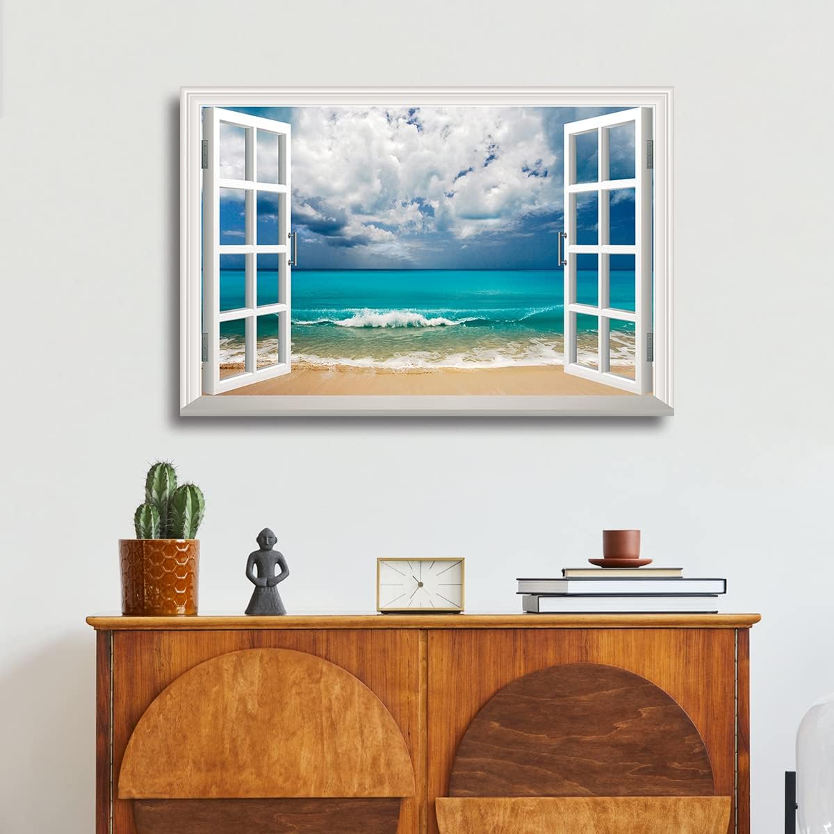 Renditions Gallery Canvas Nature Art Window View Decor for Home Crystal Blue Water Sandy Beach Wall Hanging Prints for Office Home Kitchen Decorations - 12"X18" LT04
