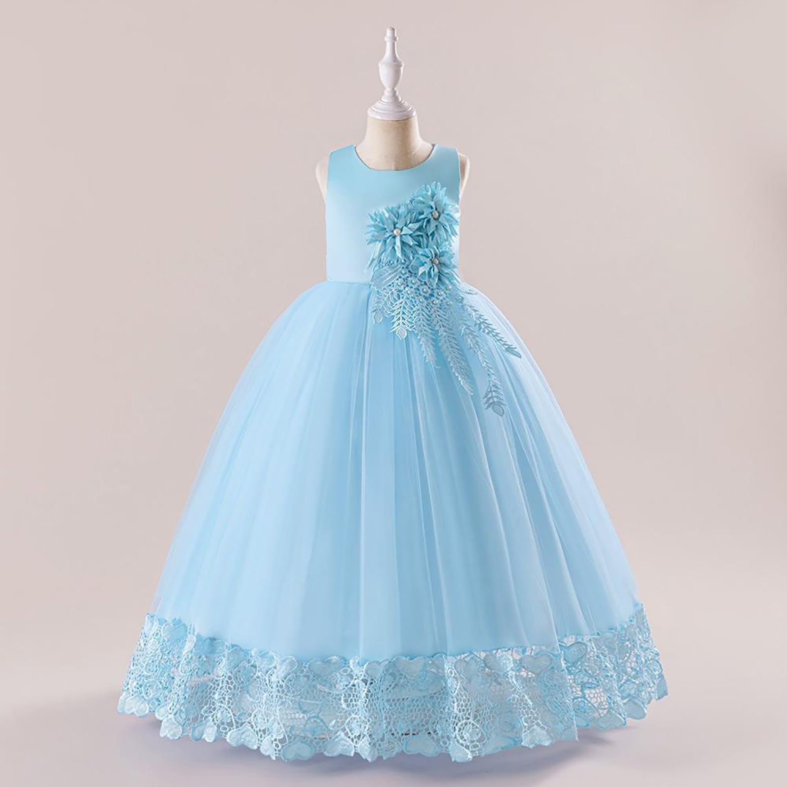 Kleid für Zeremonie, Mädchen, Tüll, Spitze, Blumenmuster, elegant, ärmellos, A-Linie, Prinzessinnenkleid, für Abend, Party, Hochzeit, Tanz, Geburtstag