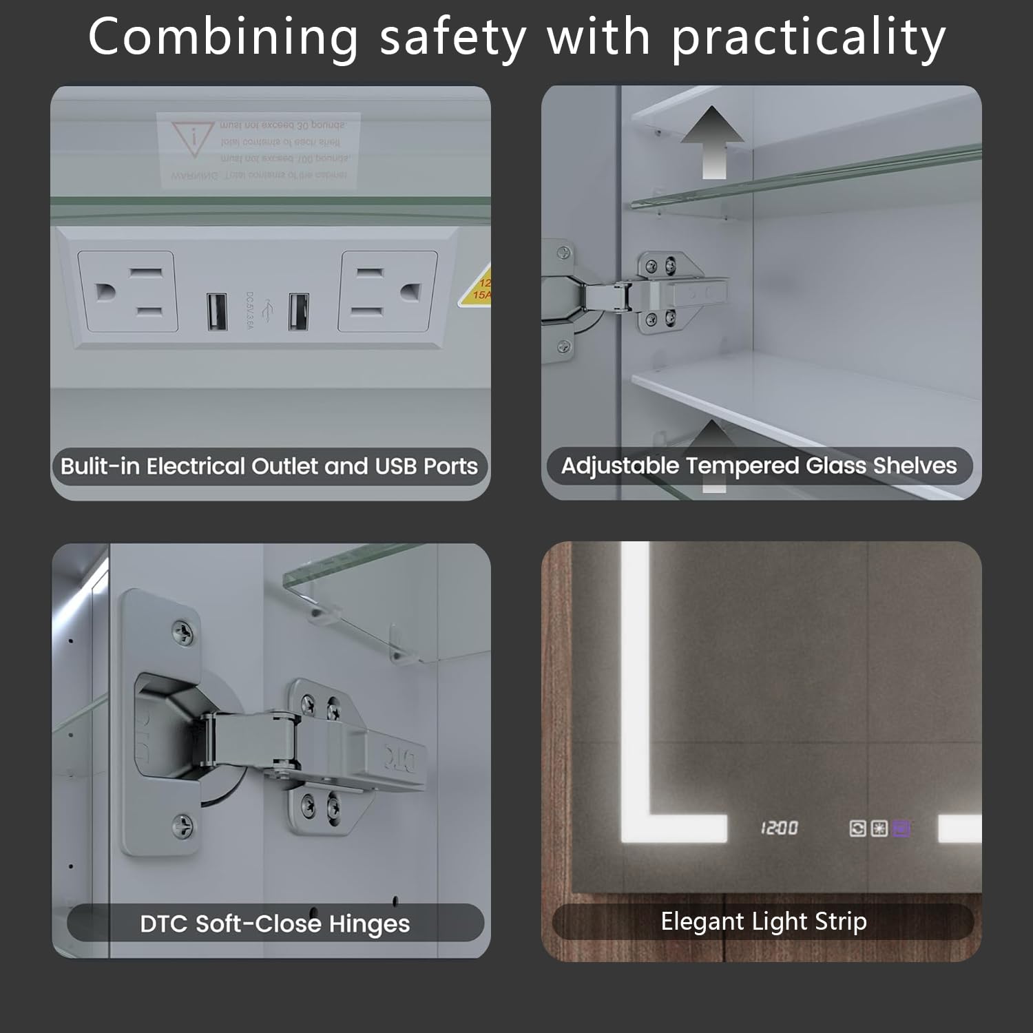 Botiquín inteligente iluminado con espejo, colores regulables continuos, bisagras de 110°, antivaho, luz de sensor, salida de 1800 W y USB, acabado de aluminio cepillado
