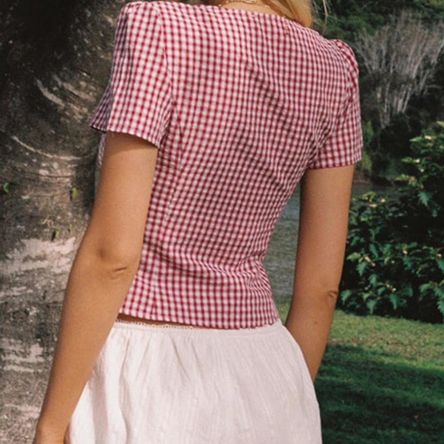 Y2k Women Coquette Button Down Shirts Ruffle Short Sleeve Vintage Preppy Crop Top V Neck Slim Fit Blouse Summer4