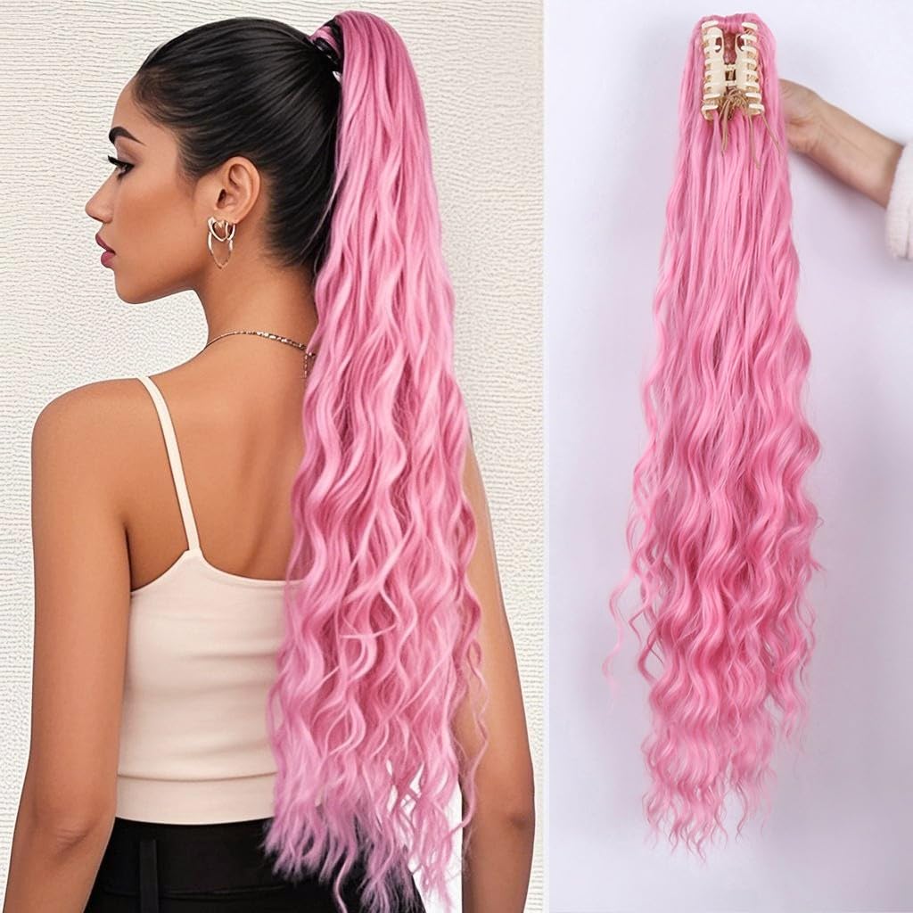 Super Long 80cm Thick Ponytail Extension Synthetic Loose Wavy Claw Clip in High Ponytail for Women Seamless Fake Full Pony Tail Hairpiece (Pink)