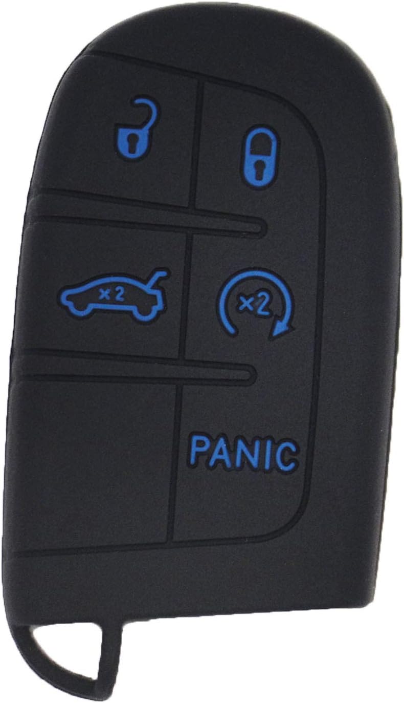 Simple Setup 2 Pack 5 Buttons Soft Silicone Rubber Remote Keyless Key Fob Cover Case Shell for Compatible Jeep Grand Cherokee Challenger Charger Dart Durango Journey Chrysler 300, Red Blue Buttons