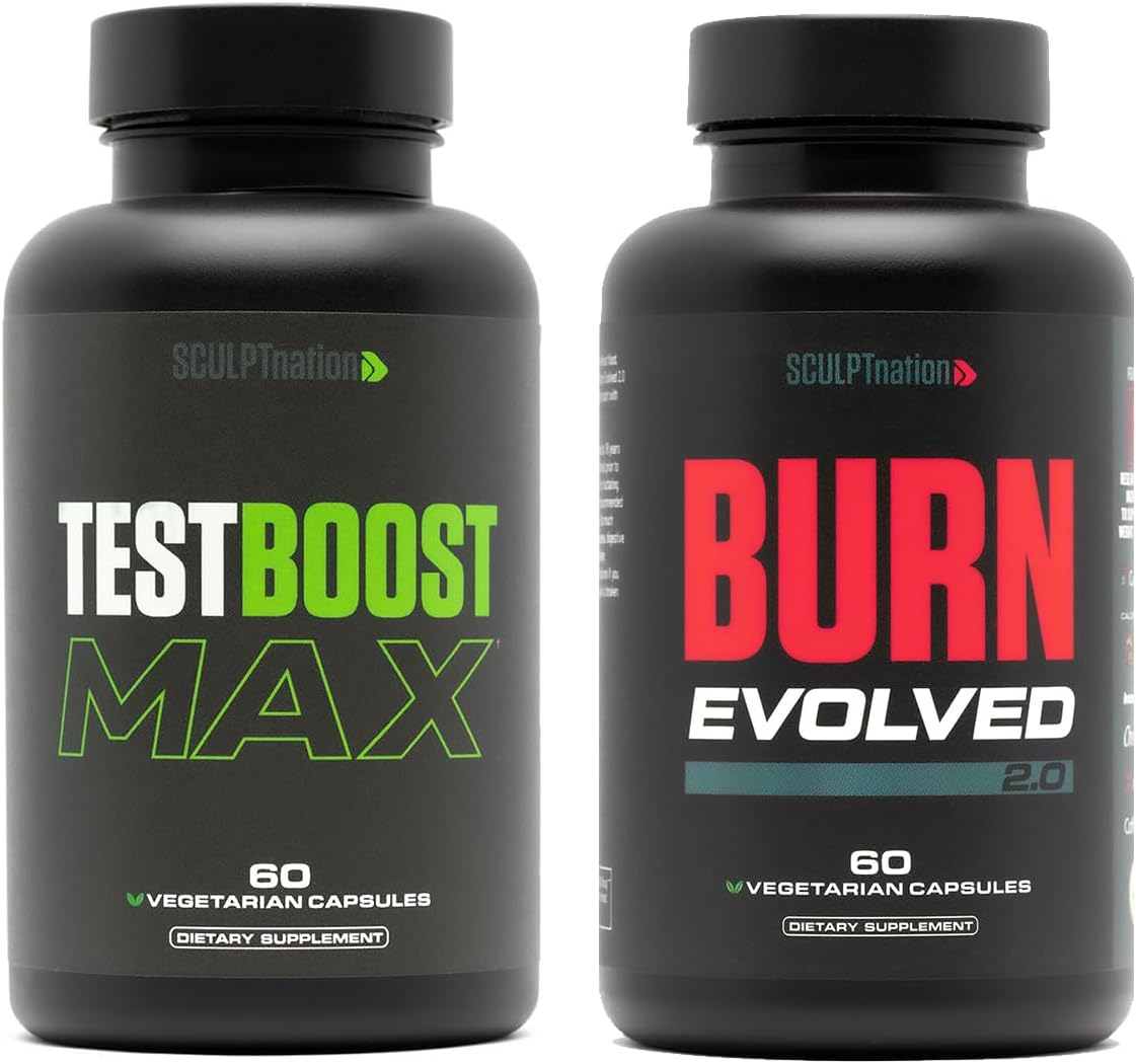 Sculpt Nation by V Shred T-Boost Max and Burn Evolved Testosterone Booster and Metabolism Support - Promotes Natural Energy and Endurance for Men - 2-Pack - 60 Capsules