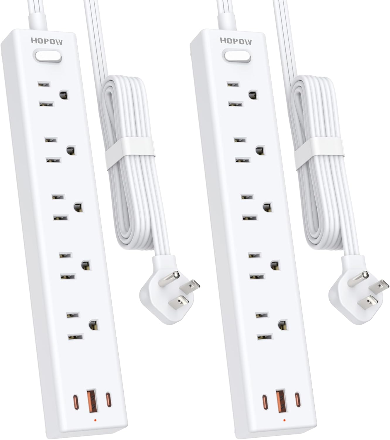 HOPOW Power Strip Surge Protector, 2 Pack, 6 Ft Ultra Thin Flat Extension Cord, Surge Protector with 5 Outlets & 3 USB Ports (2 USB C), 1700 Joules, 3-Prong, Wall Mount for Home Office Dorm, White