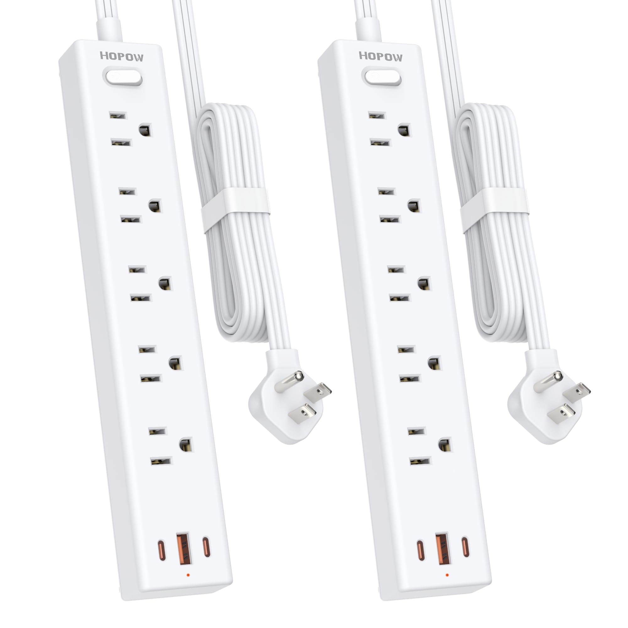 HOPOW Power Strip Surge Protector, 2 Pack, 6 Ft Ultra Thin Flat Extension Cord, Surge Protector with 5 Outlets & 3 USB Ports (2 USB C), 1700 Joules, 3-Prong, Wall Mount for Home Office Dorm, White