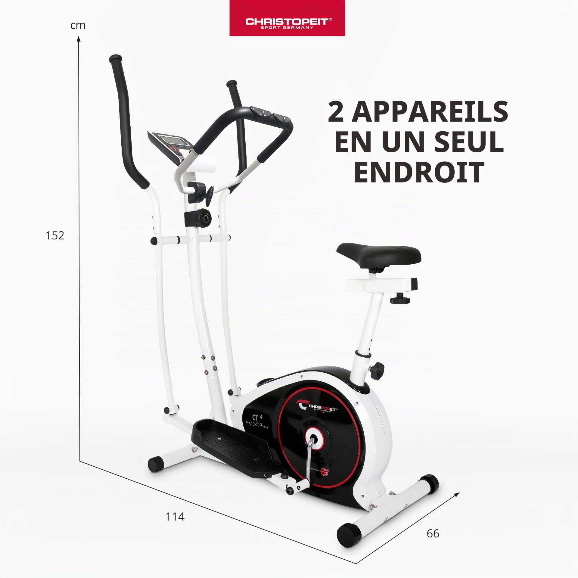 Christopeit Vélo elliptique et vélo d'appartement, 2 en 1 CT 4 avec frein magnétique de 7 kg et 8 niveaux de résistance – Entraînement silencieux, écran LCD, capteurs de pouls et support pour tablette
