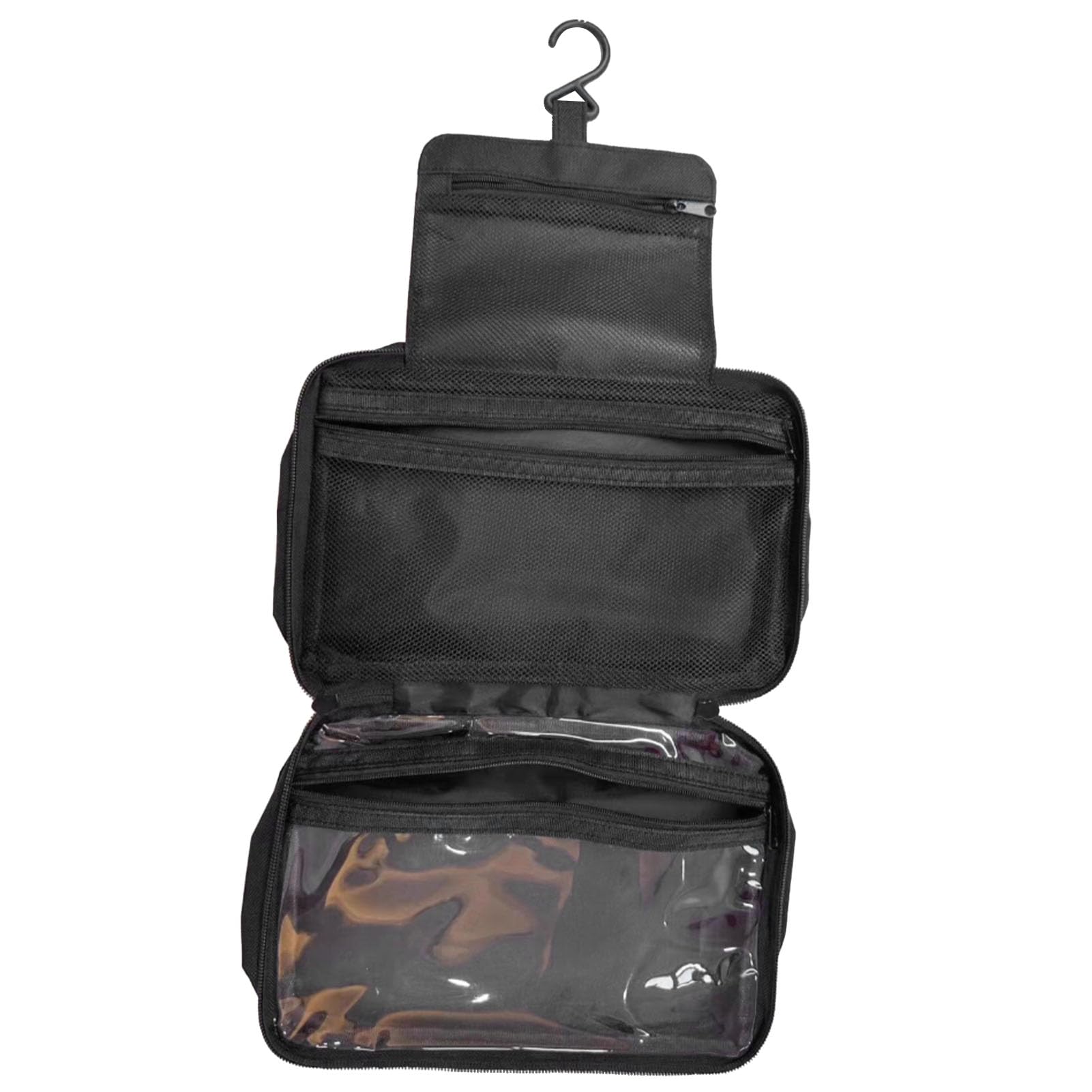 SIXRUN Borsa da Toilette da Viaggio Borsa da Toilette Sospesa in Tessuto Oxford 24 X 16 X 9 Cm Pieghevole Design a 3 Scomparti con Gancio Integrato Spazio Compatto per Viaggi di Lavoro Viaggi (BLACK)