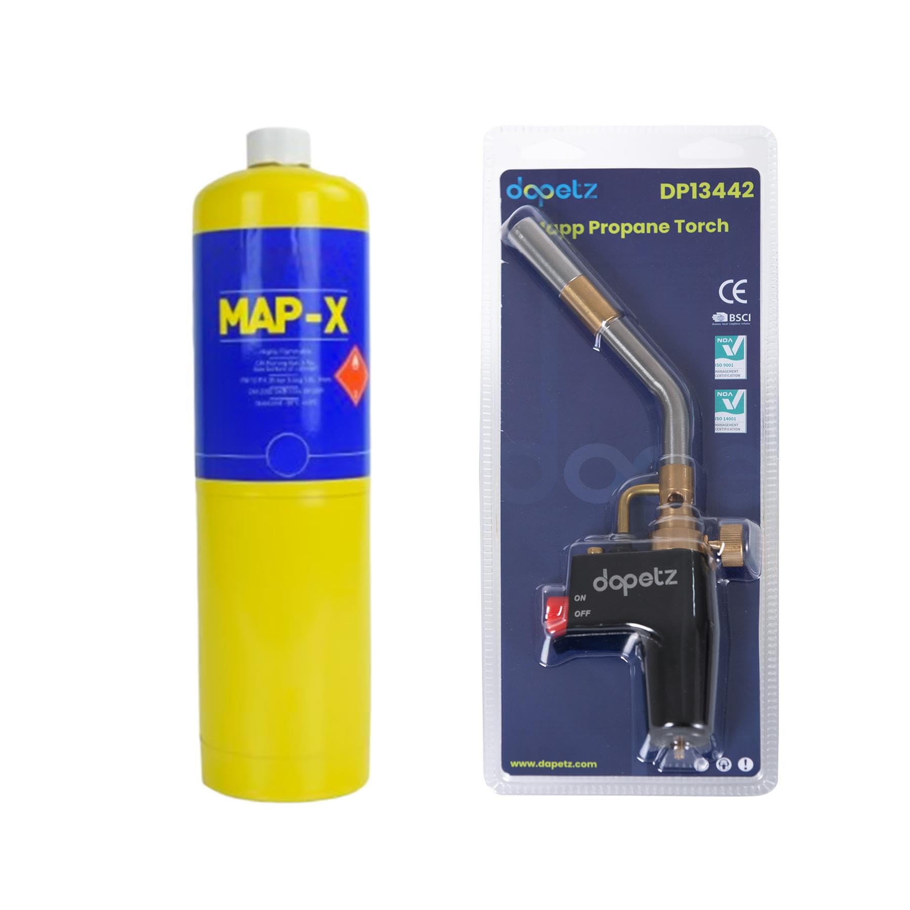 Dapetz ® Gas Torch and 1 x Mapp Pro Gas Cainster for Soldering Brazing Searing Thawing Heat Treatment Mechanics Jet Burner Cylinder Yellow Bottle Cartridge for Blow Torch