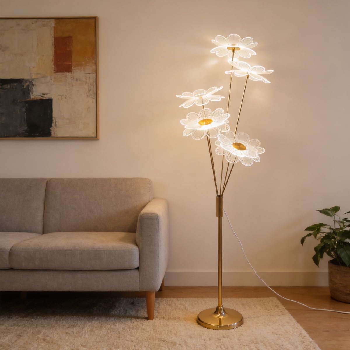 1.5M LED Floor Lamp with 5 Lights, Exquisite Floral Design Standing Lamp, Modern Corner Light for Wedding Stage Aisle, Party Event & Home Living Room Bedroom Decor Ambient Lighting(Plug-in)