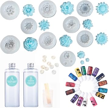 VidaRosa 1000ML Crystal Clear Epoxy Resin with 9 Flower Shape 3D Silicone Molds + 15 Liquid Color Pigments, Epoxy Resin DIY Crafts Kit with Measuring Cups & Mixing Bars & Finger Cots