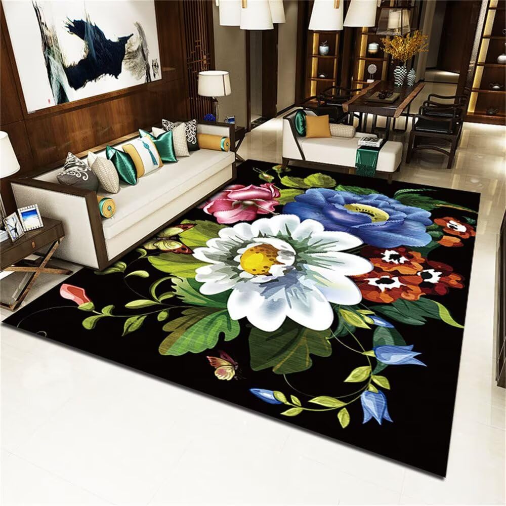 Tapis terrasse gaming 140x200cm noir fleurs vert bleu bébé pour grand séjour