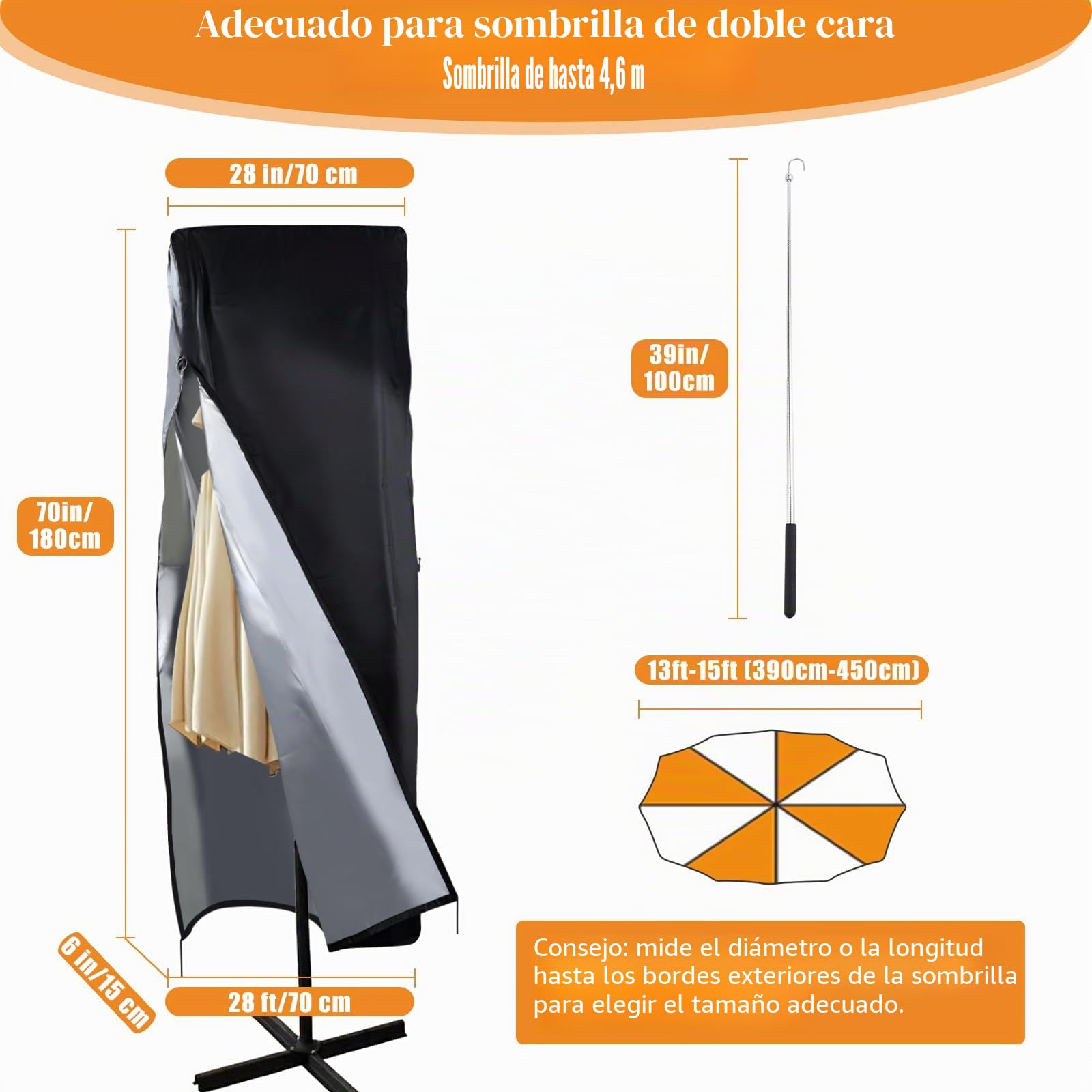 DOCEPERT Cubierta para sombrilla de patio 420D impermeable para exteriores, apta para paraguas de doble cara 390cm-450cm, cubierta de paraguas grande, cubierta de sombrilla de jardín(180x70x70cm)